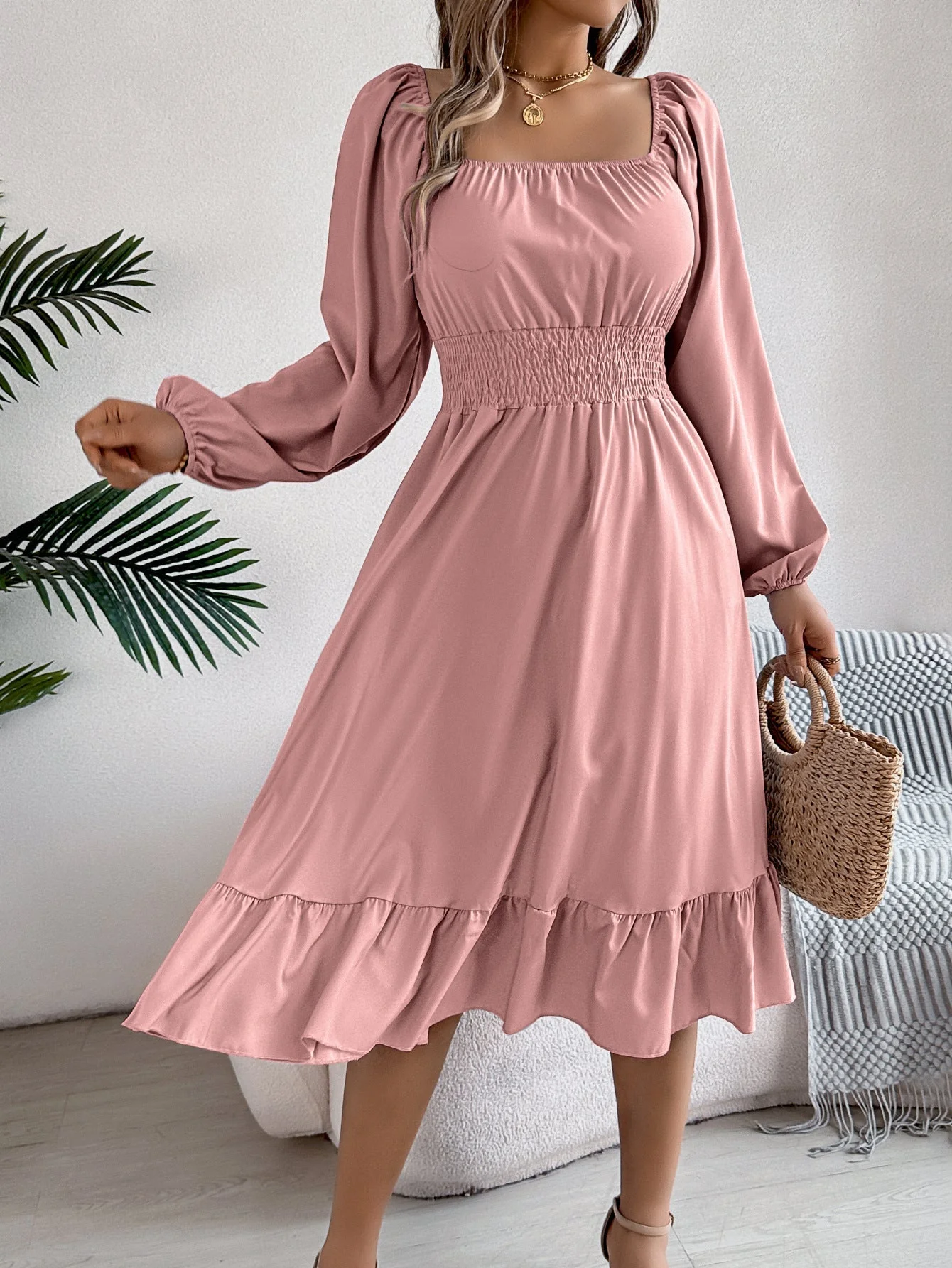 The Ruffled Charm | Solid Color Square-Neck Ruffled A-Line Midi Dress - Image 30