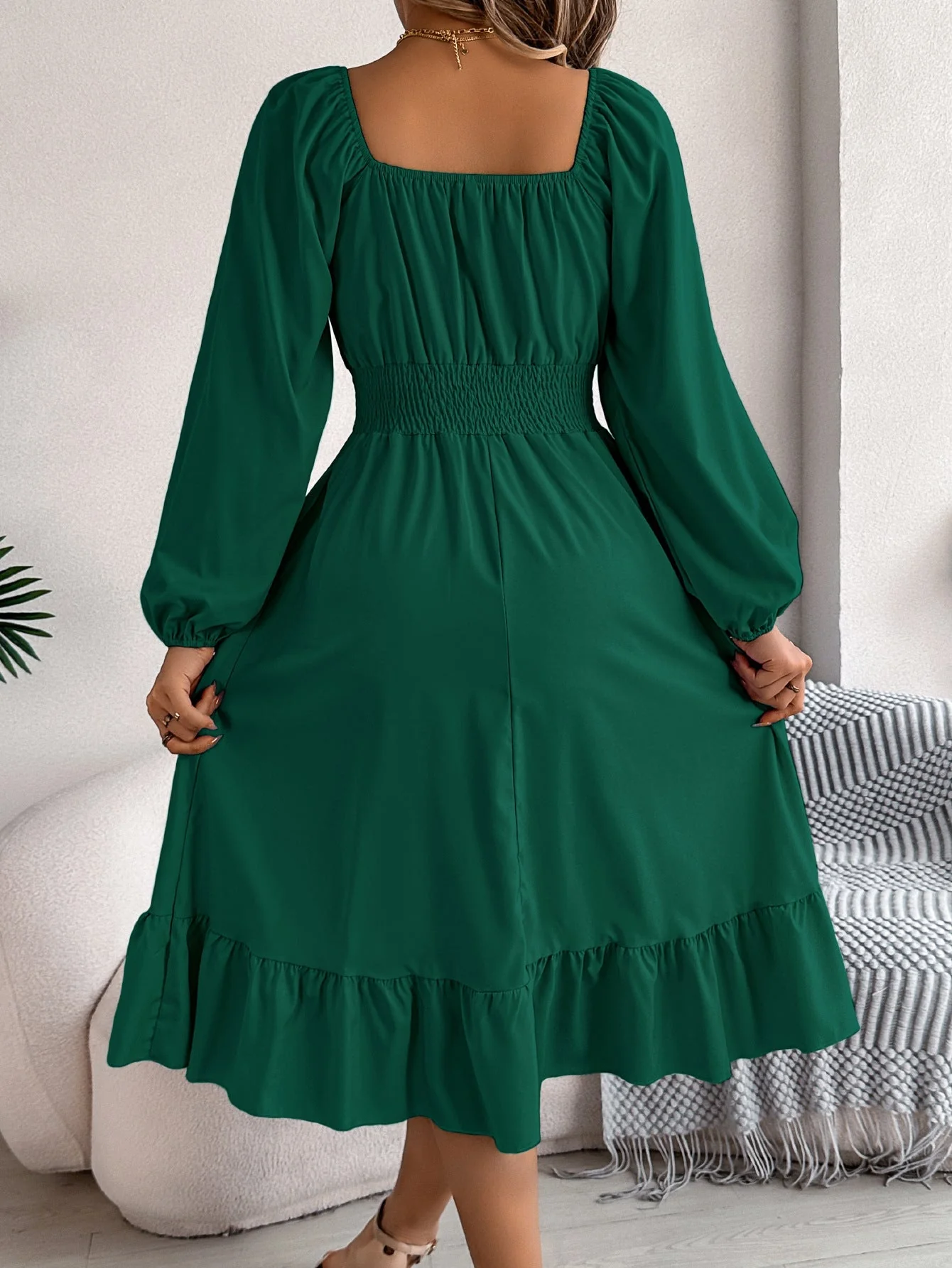 The Ruffled Charm | Solid Color Square-Neck Ruffled A-Line Midi Dress - Image 32