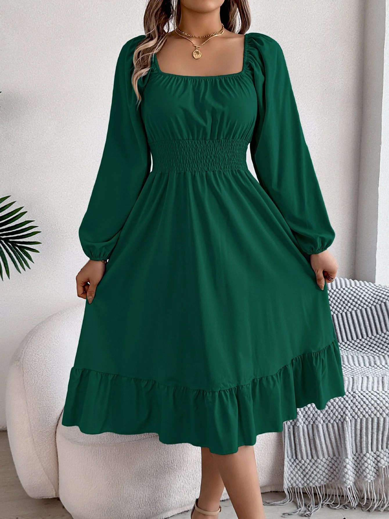 The Ruffled Charm | Solid Color Square-Neck Ruffled A-Line Midi Dress - Image 33