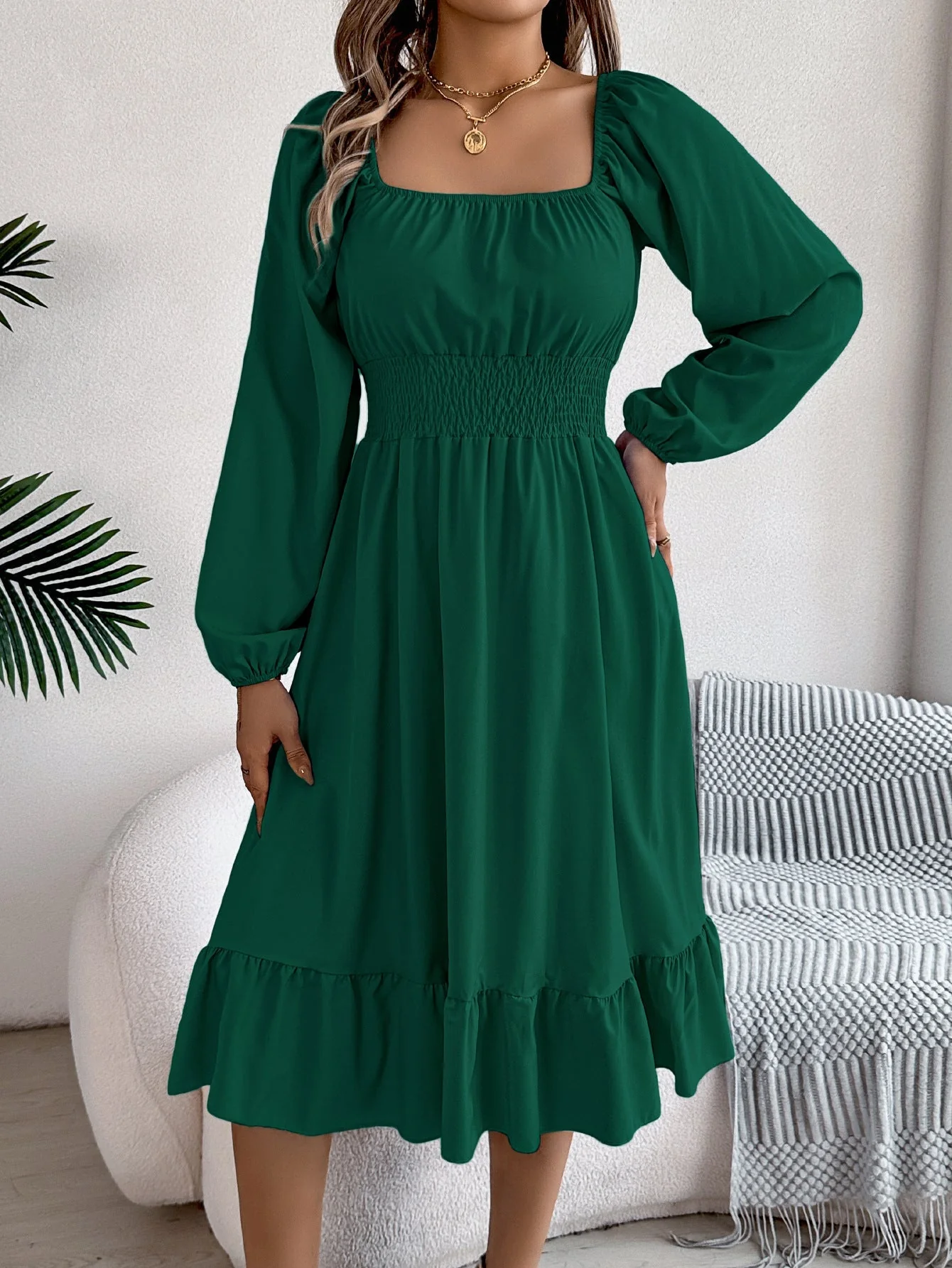 The Ruffled Charm | Solid Color Square-Neck Ruffled A-Line Midi Dress - Image 34