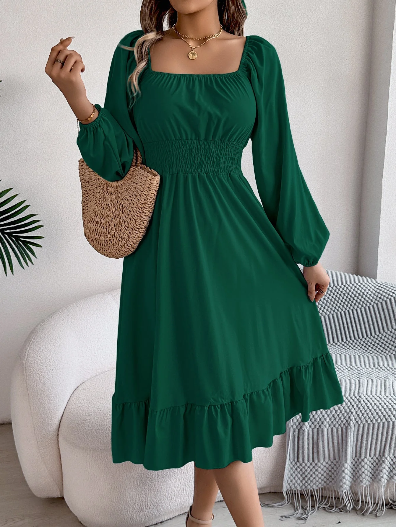 The Ruffled Charm | Solid Color Square-Neck Ruffled A-Line Midi Dress - Image 35