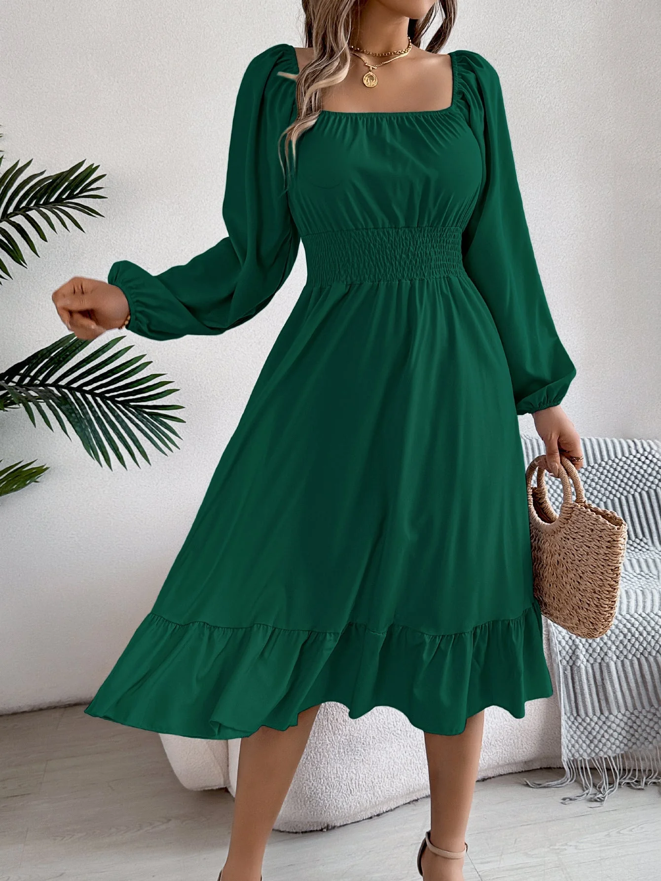 The Ruffled Charm | Solid Color Square-Neck Ruffled A-Line Midi Dress - Image 36