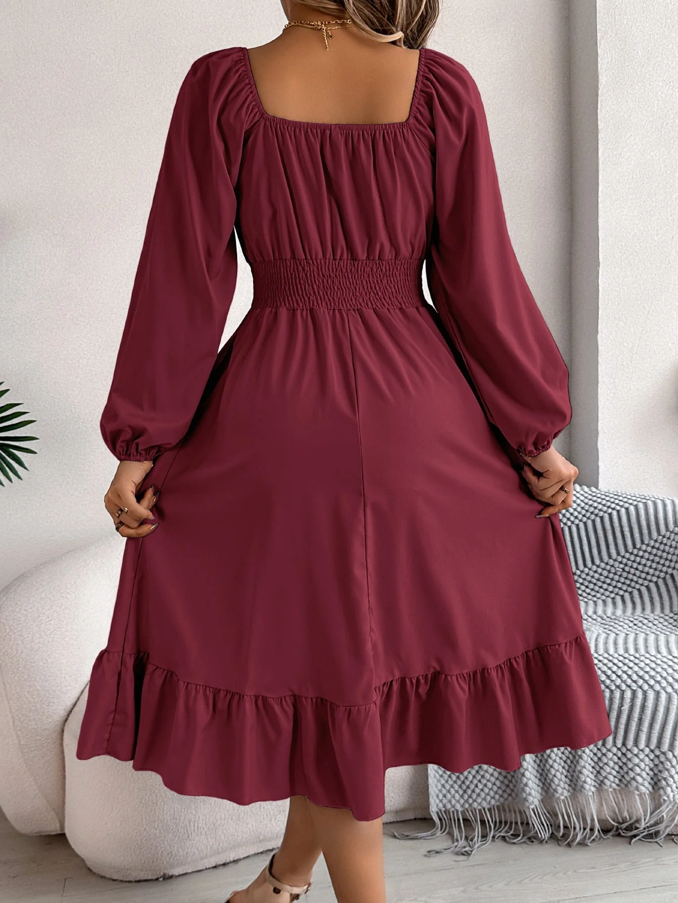 The Ruffled Charm | Solid Color Square-Neck Ruffled A-Line Midi Dress - Image 38