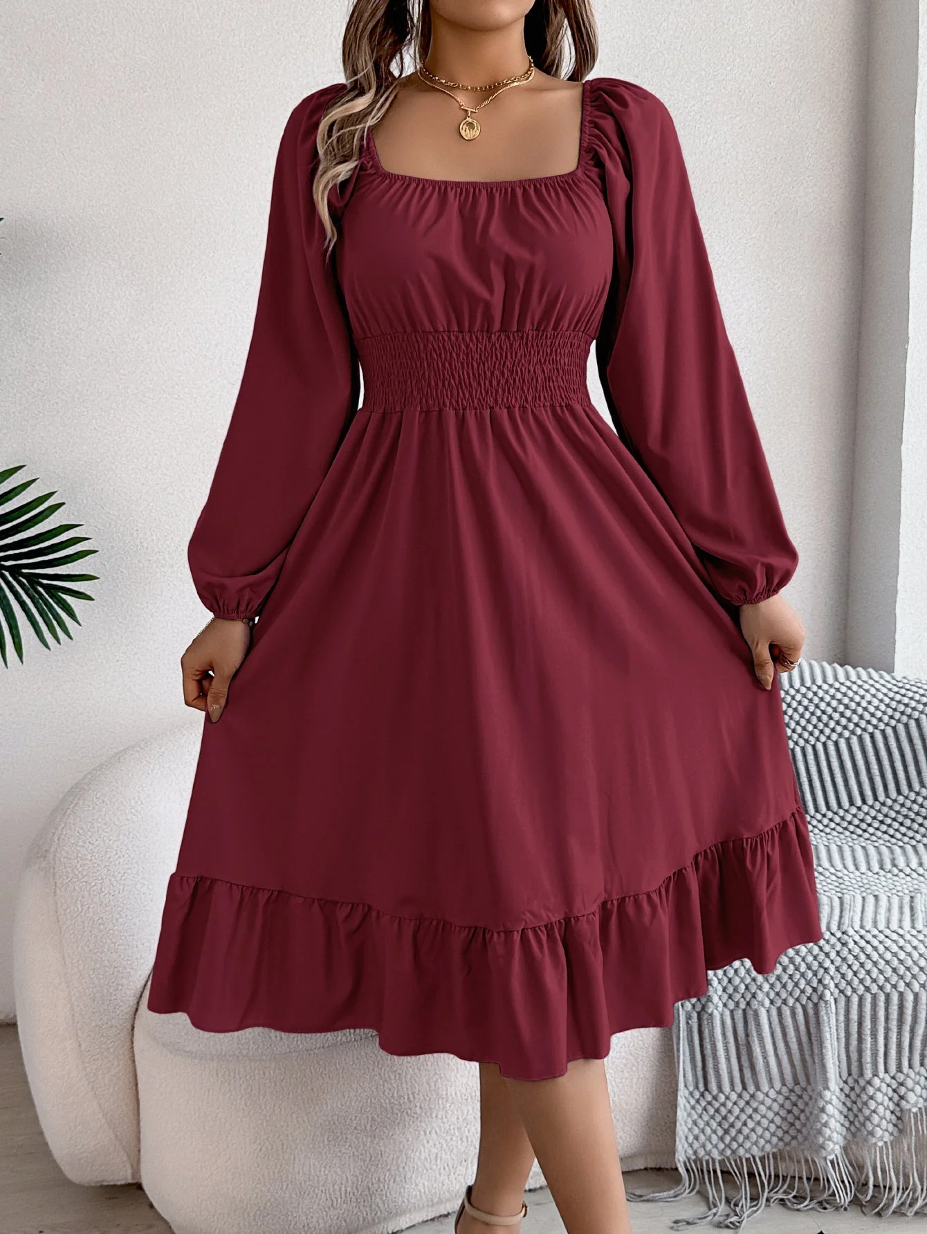 The Ruffled Charm | Solid Color Square-Neck Ruffled A-Line Midi Dress - Image 39