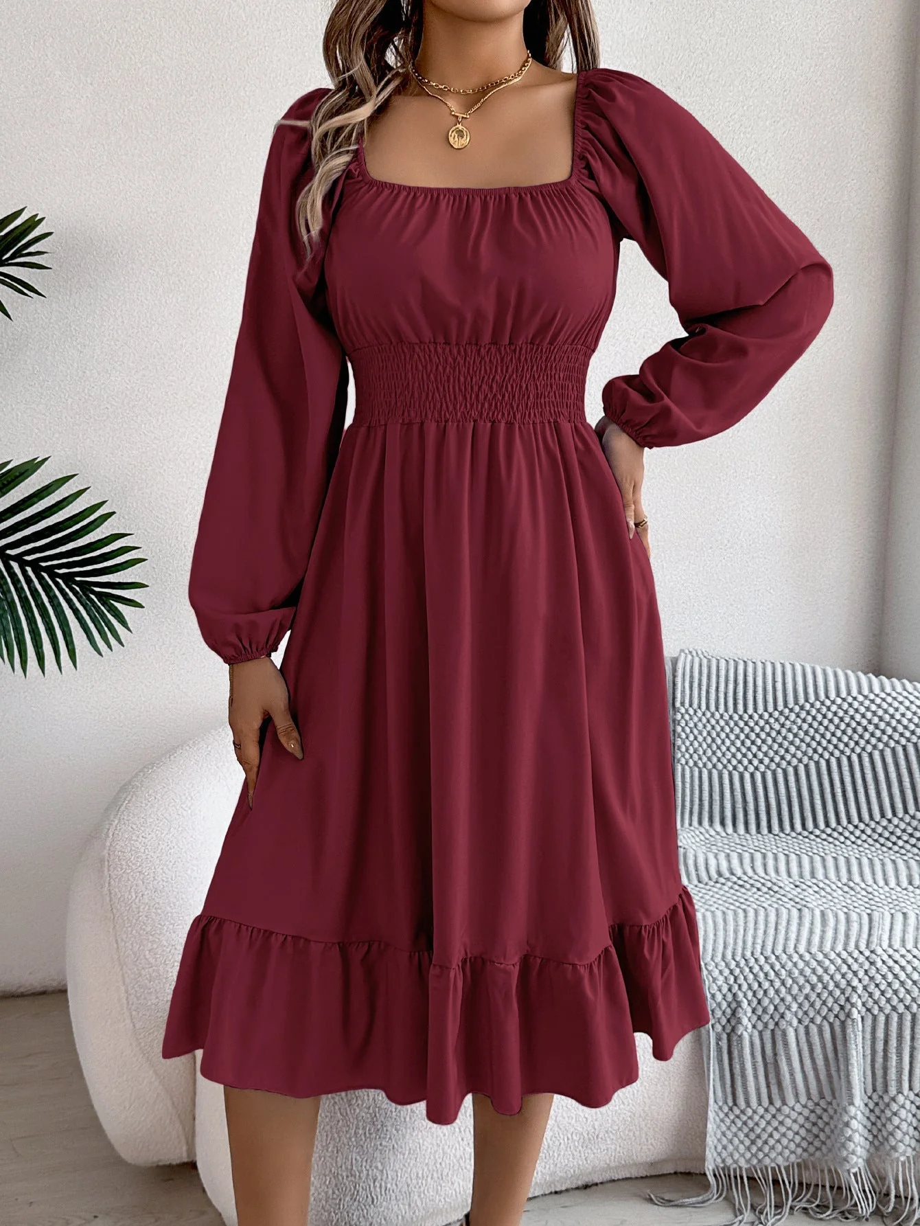 The Ruffled Charm | Solid Color Square-Neck Ruffled A-Line Midi Dress - Image 40