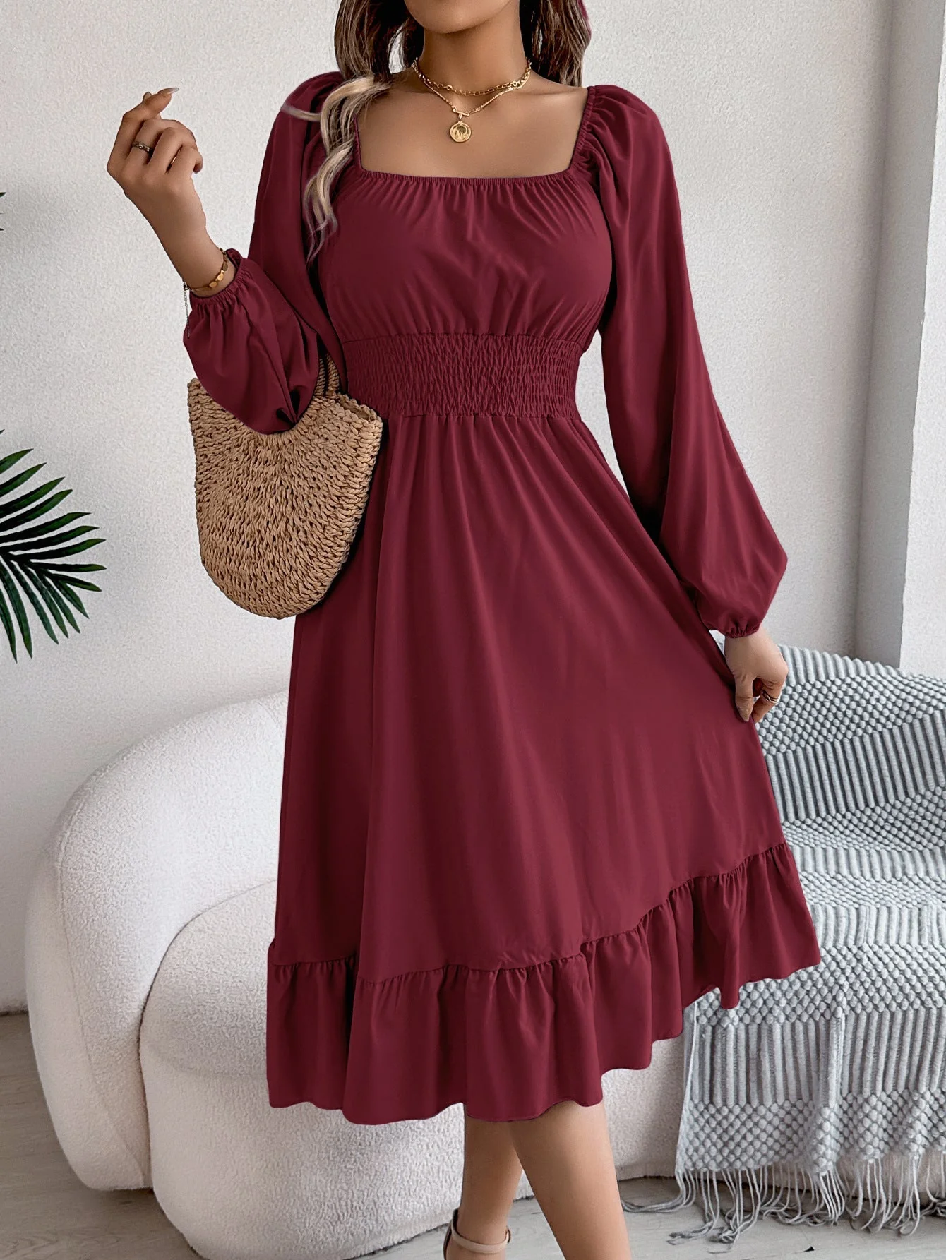 The Ruffled Charm | Solid Color Square-Neck Ruffled A-Line Midi Dress - Image 41
