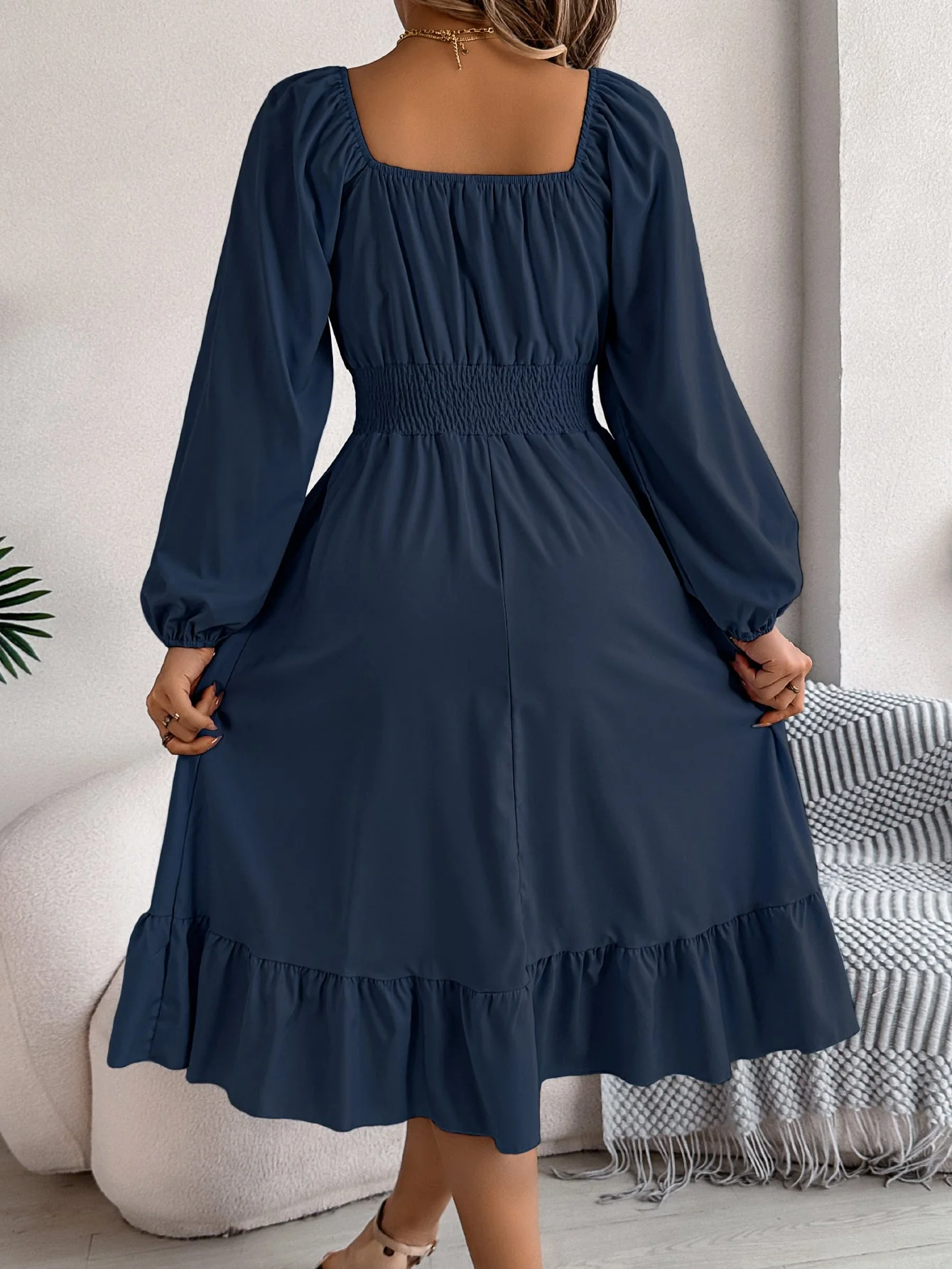 The Ruffled Charm | Solid Color Square-Neck Ruffled A-Line Midi Dress - Image 44