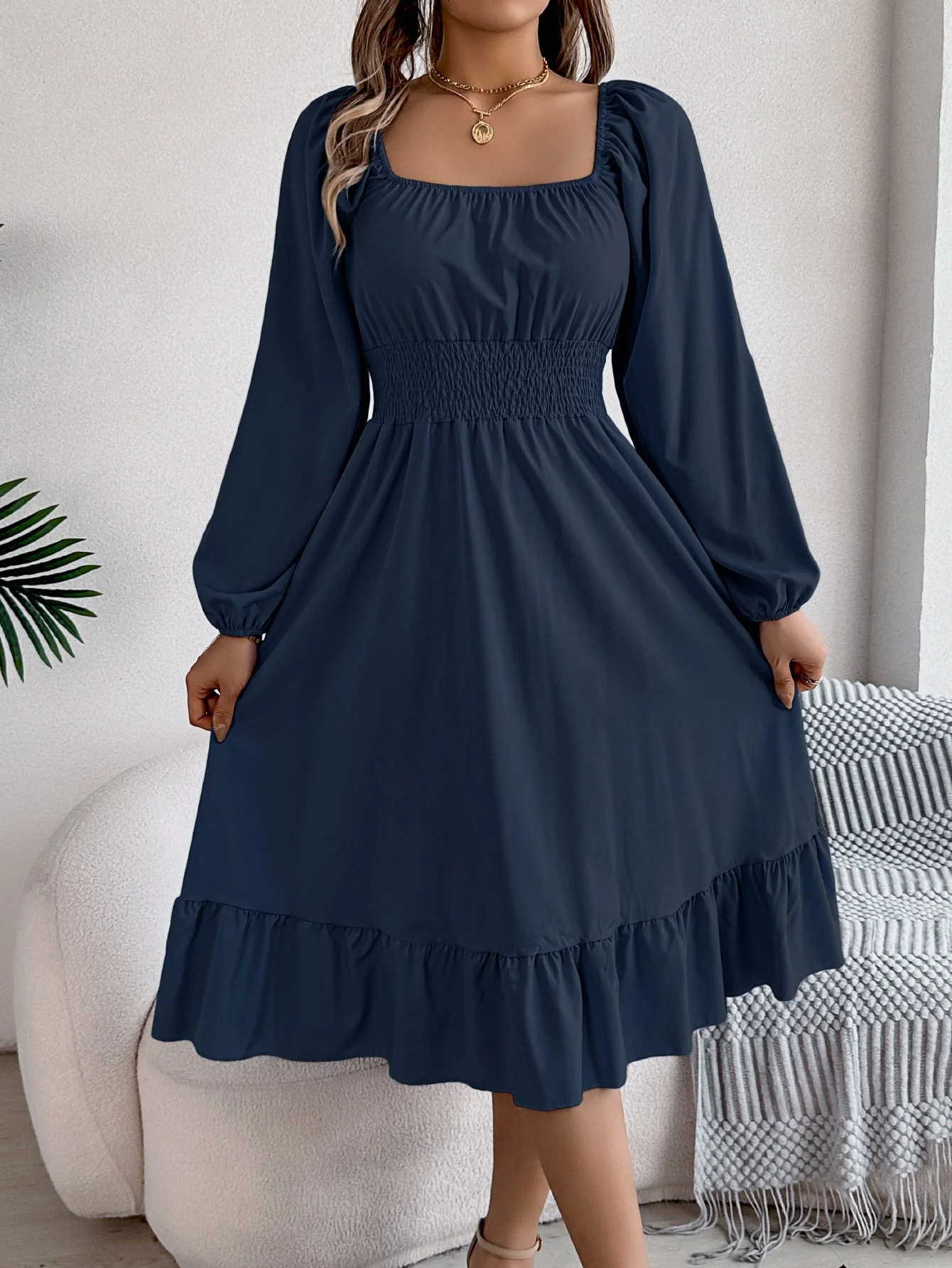 The Ruffled Charm | Solid Color Square-Neck Ruffled A-Line Midi Dress - Image 45