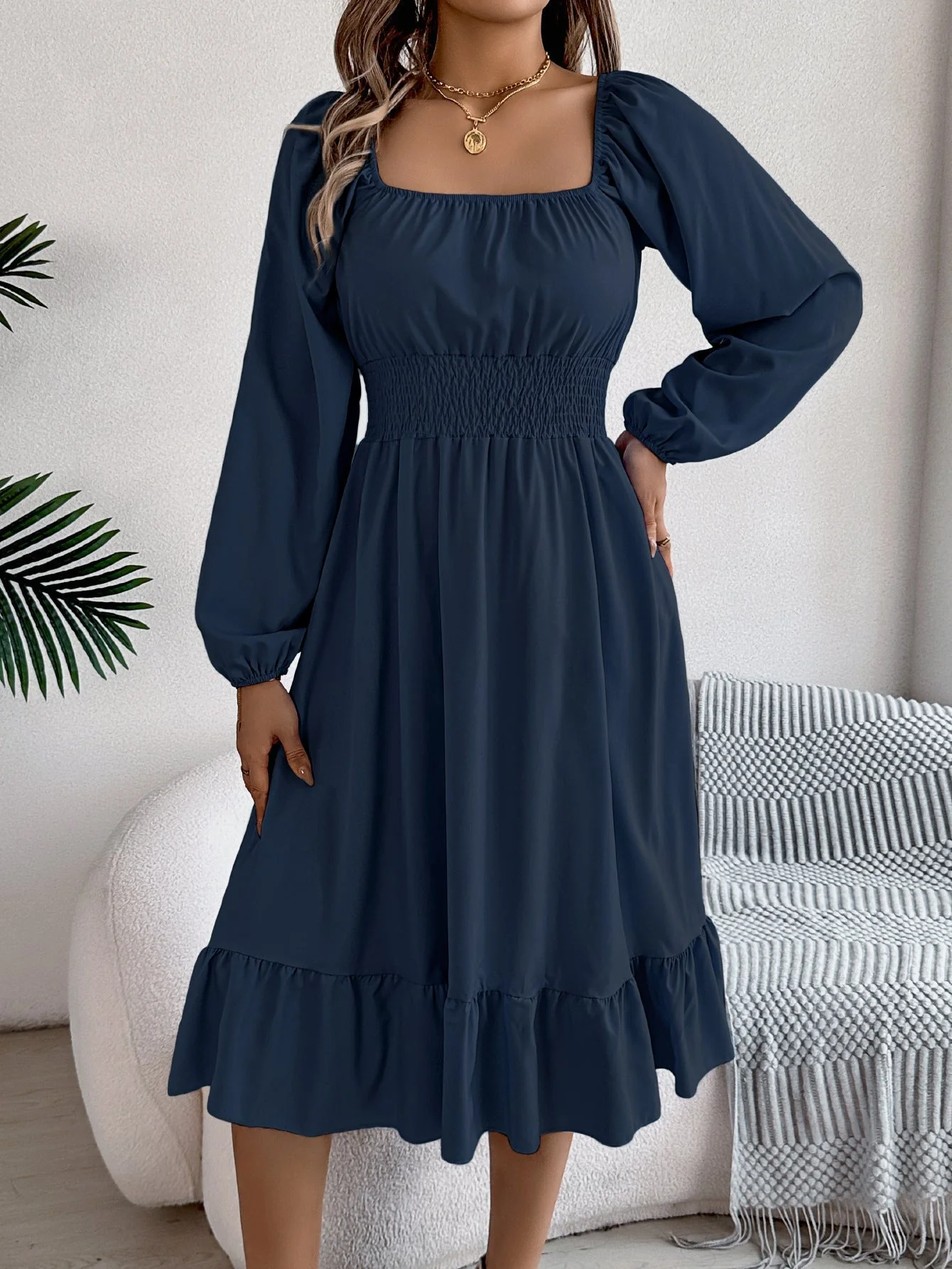 The Ruffled Charm | Solid Color Square-Neck Ruffled A-Line Midi Dress - Image 46
