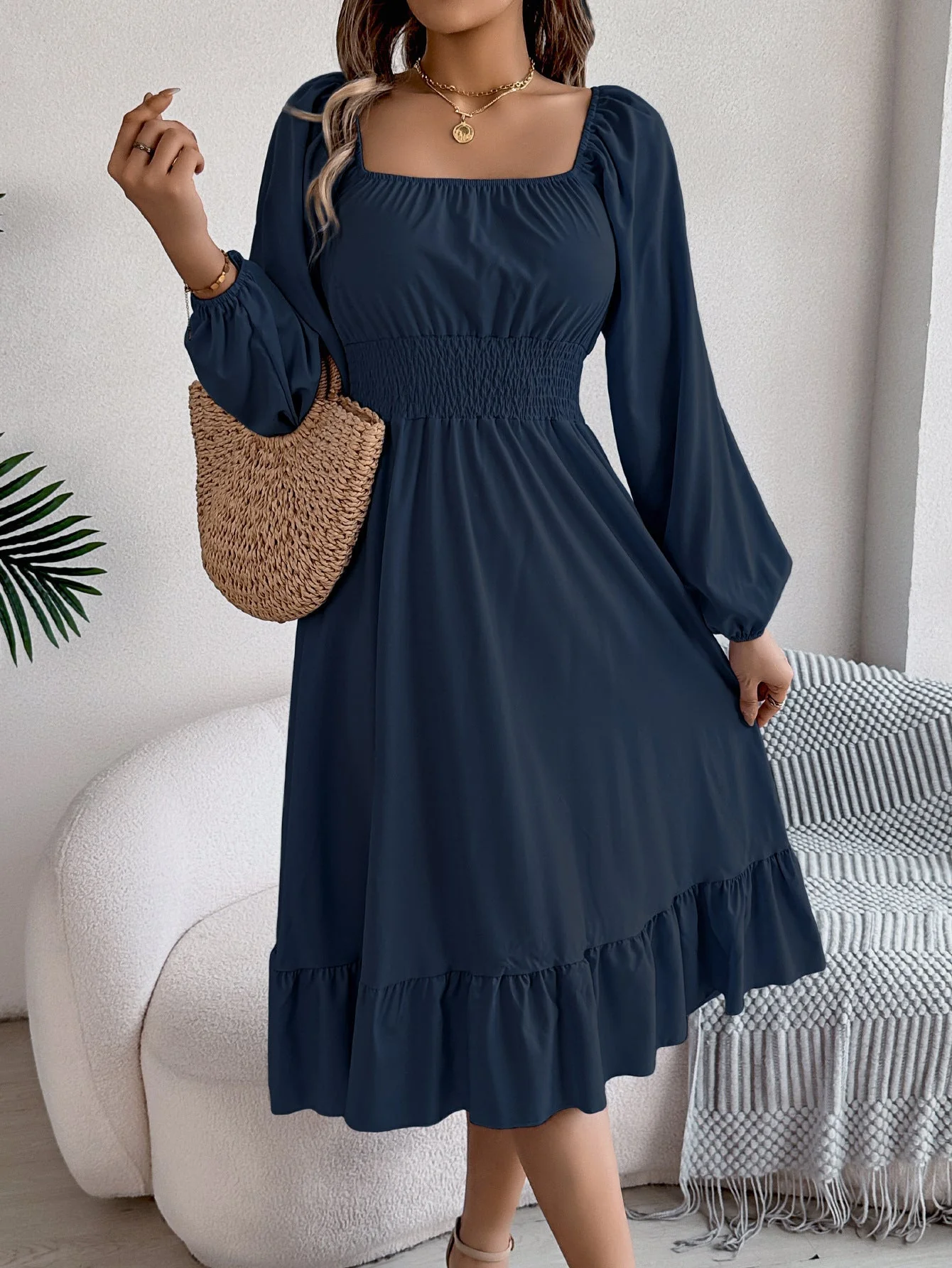 The Ruffled Charm | Solid Color Square-Neck Ruffled A-Line Midi Dress - Image 47