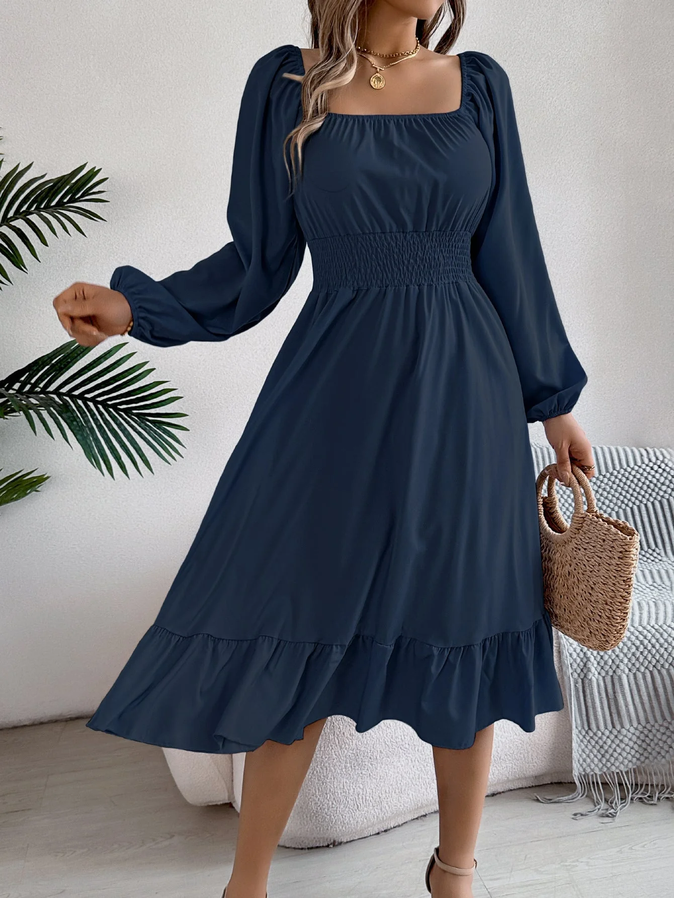 The Ruffled Charm | Solid Color Square-Neck Ruffled A-Line Midi Dress - Image 48