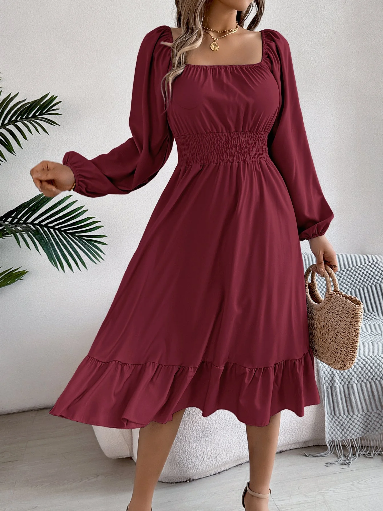 The Ruffled Charm | Solid Color Square-Neck Ruffled A-Line Midi Dress - Image 6