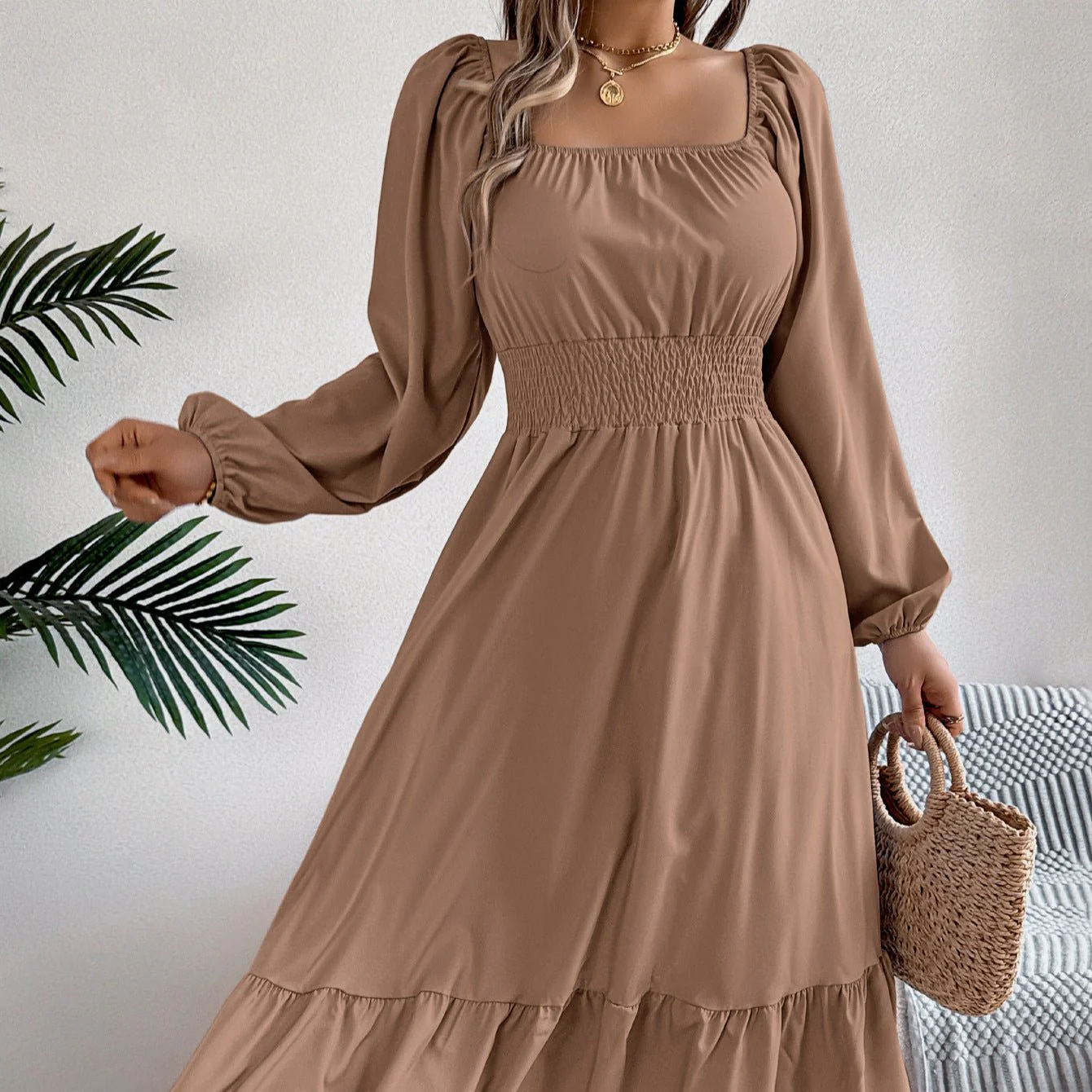 The Ruffled Charm | Solid Color Square-Neck Ruffled A-Line Midi Dress - Image 8