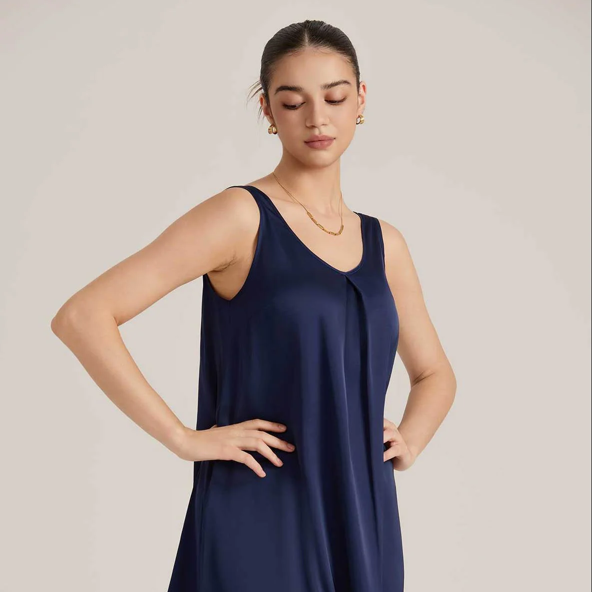 The Satin Allure | Solid Color V-Neck Sleeveless Satin Midi Sleep Dress - Image 3
