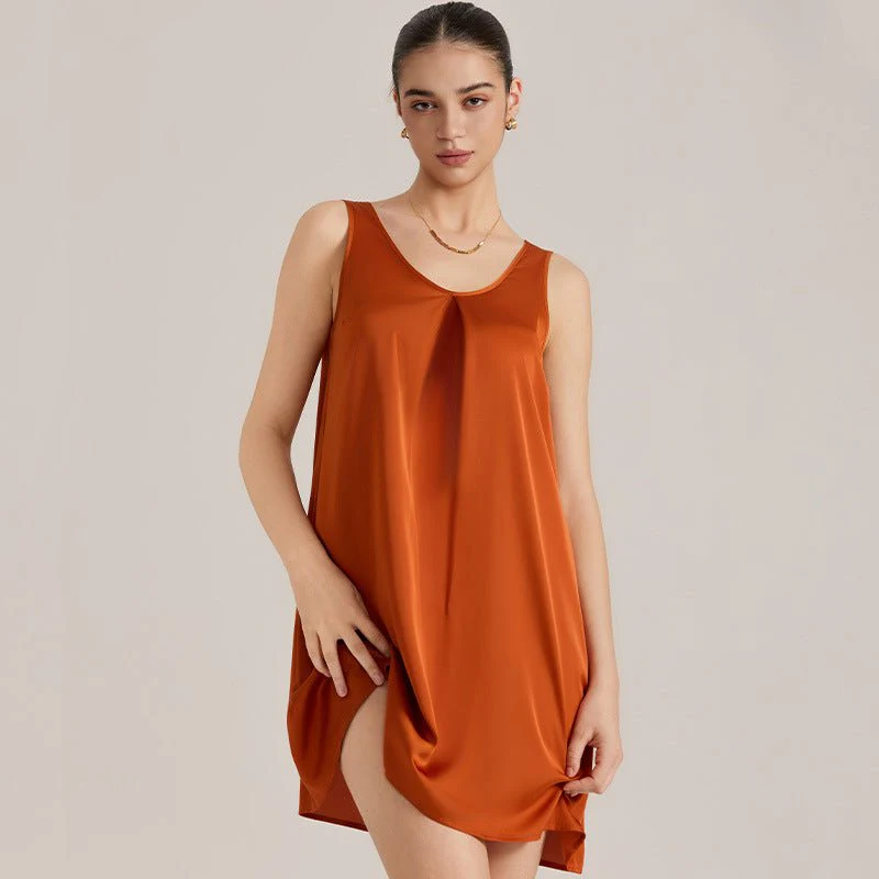 The Satin Charm | Solid Color V-Neck Sleeveless Satin Midi Sleep Dress (FD)