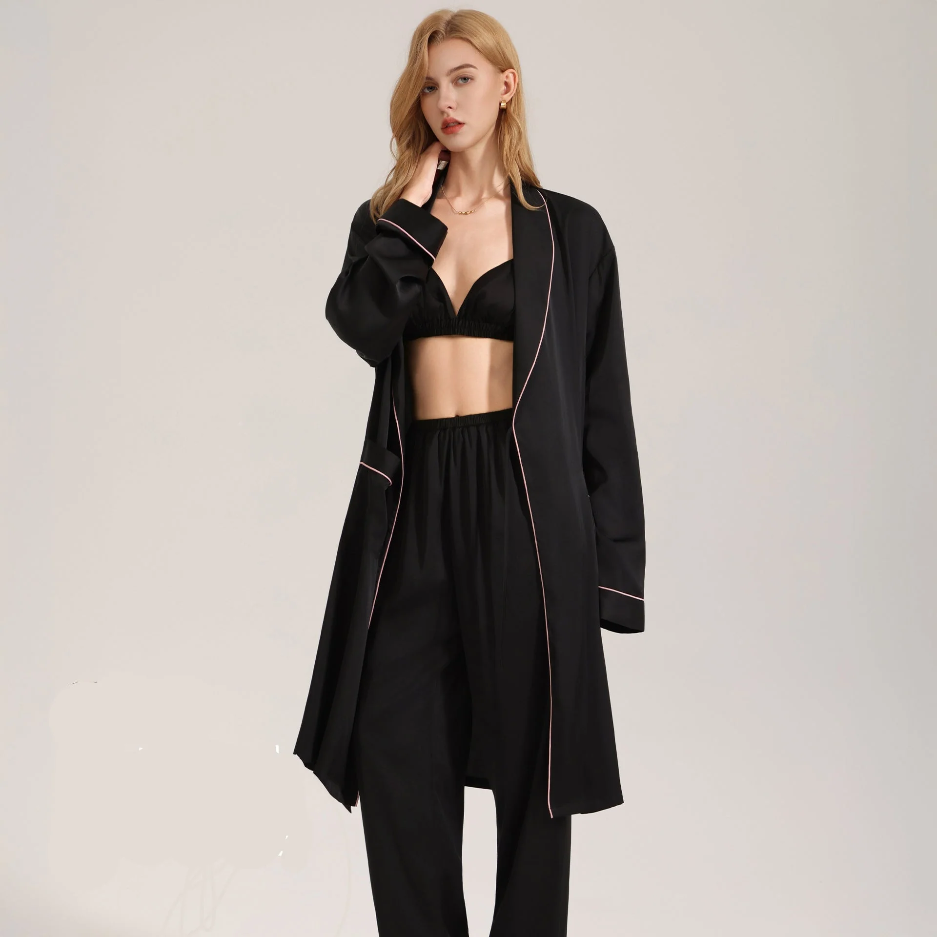 The Satin Elegance | Black Satin Three-Piece Sleep Set (Robe, Cami & Long Pants) - Image 4