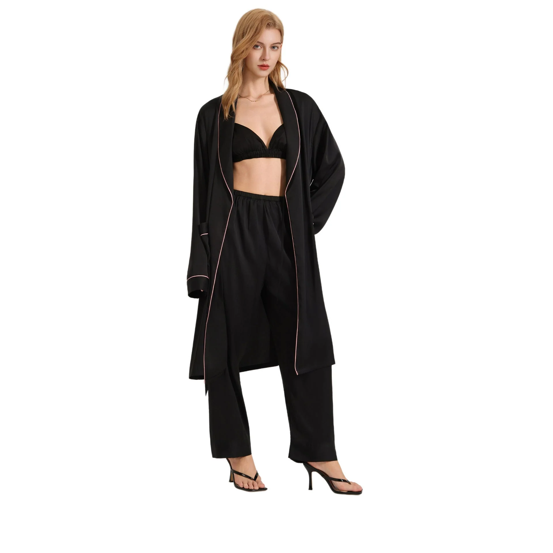 The Satin Elegance | Black Satin Three-Piece Sleep Set (Robe, Cami & Long Pants) - Image 5