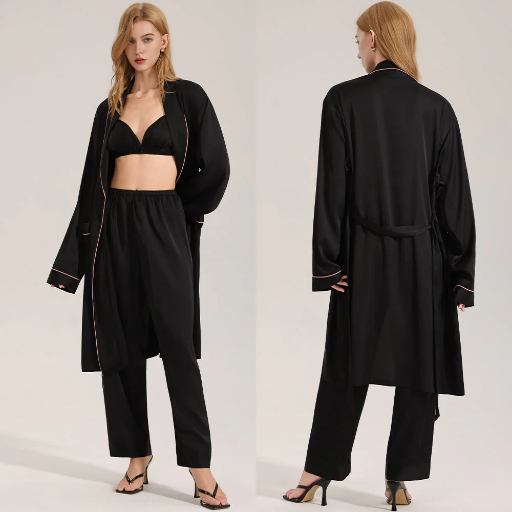 The Satin Elegance | Black Satin Three-Piece Sleep Set (Robe, Cami & Long Pants) - Image 6