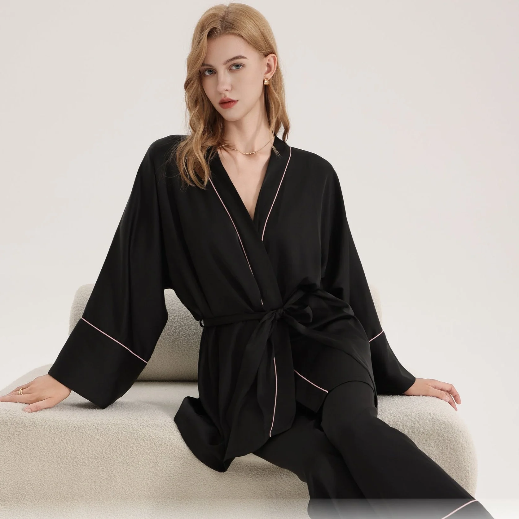 The Satin Elegance | Solid Black V-Neck Long-Sleeve Top & Pants Sleep Set