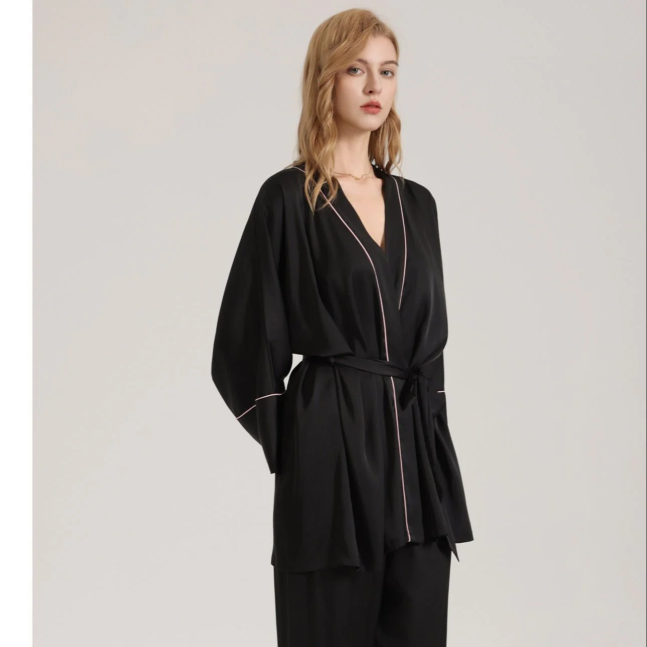 The Satin Elegance | Solid Black V-Neck Long-Sleeve Top & Pants Sleep Set - Image 2