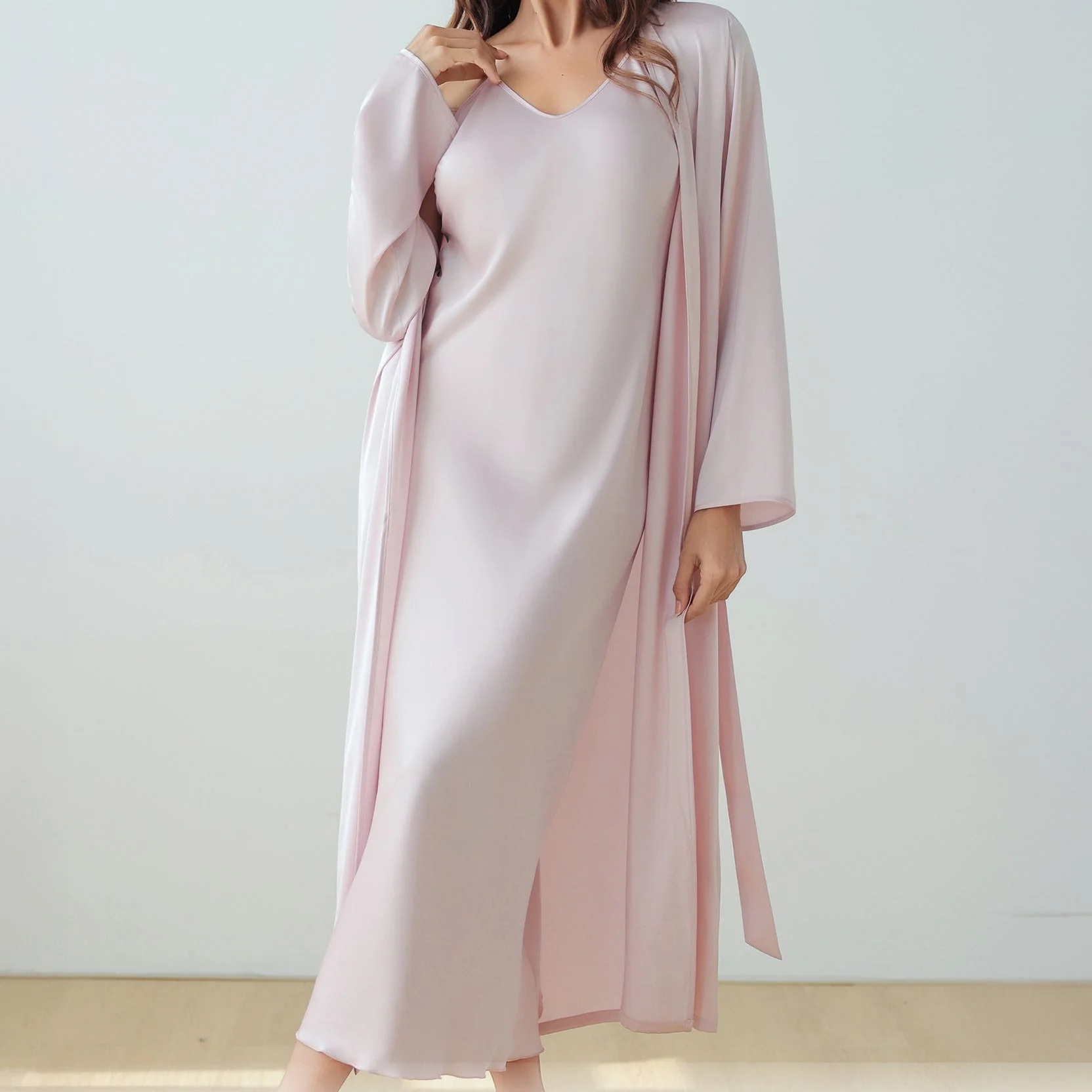The Satin Elegance | Solid Color Long-Sleeve Slip Dress & Robe Two-Piece Set