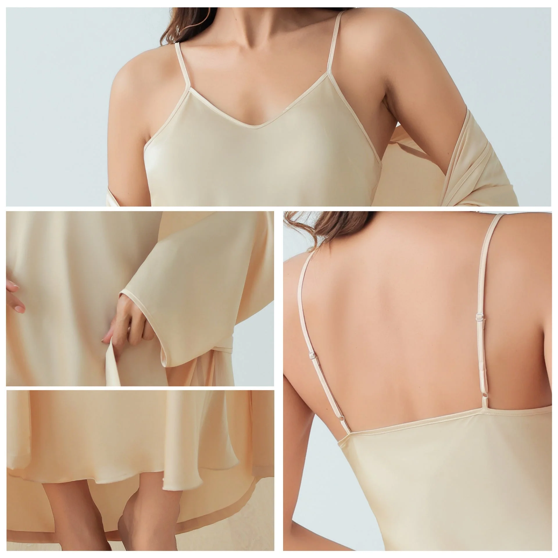 The Satin Elegance | Solid Color Long-Sleeve Slip Dress & Robe Two-Piece Set - Image 3