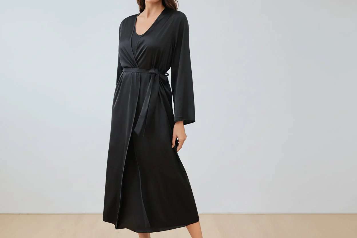 The Satin Elegance | Solid Color Long-Sleeve Slip Dress & Robe Two-Piece Set - Image 4