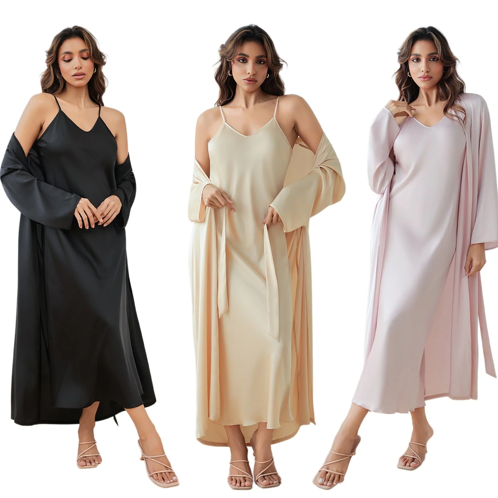 The Satin Elegance | Solid Color Long-Sleeve Slip Dress & Robe Two-Piece Set - Image 5