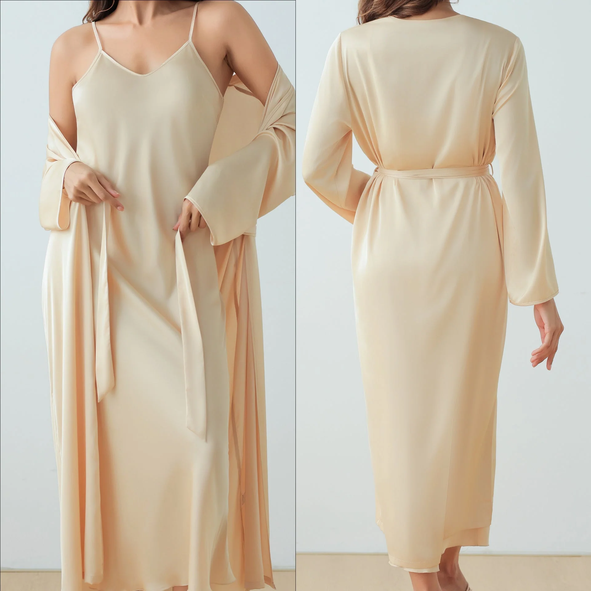 The Satin Elegance | Solid Color Long-Sleeve Slip Dress & Robe Two-Piece Set - Image 6