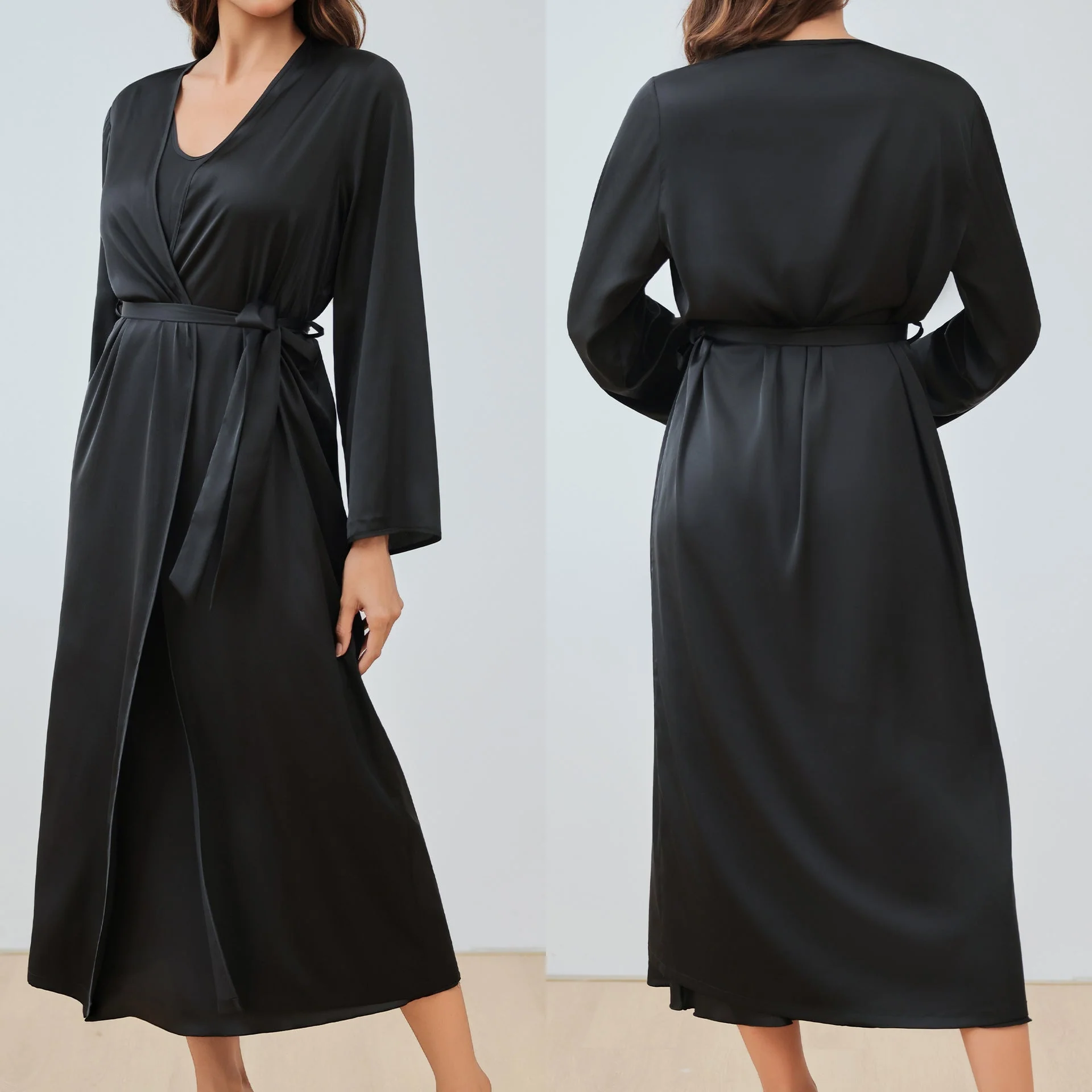 The Satin Elegance | Solid Color Long-Sleeve Slip Dress & Robe Two-Piece Set - Image 7