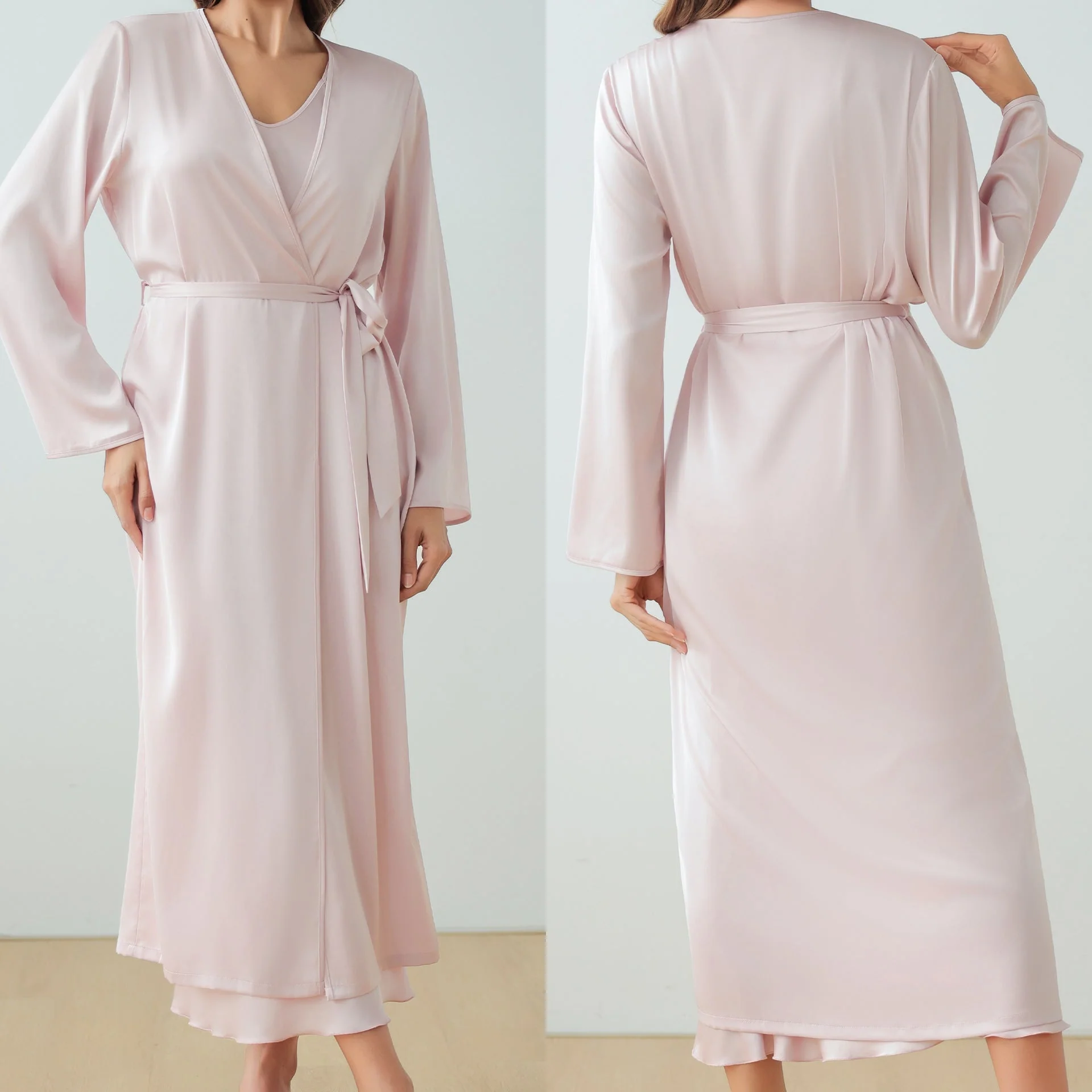 The Satin Elegance | Solid Color Long-Sleeve Slip Dress & Robe Two-Piece Set - Image 8