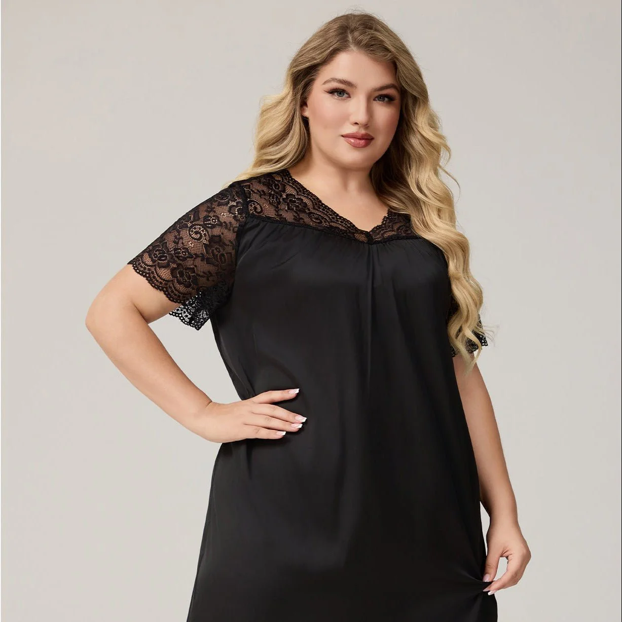 The Satin Flow | Solid Color V-Neck Short-Sleeve Maxi Sleep Dress - Image 2