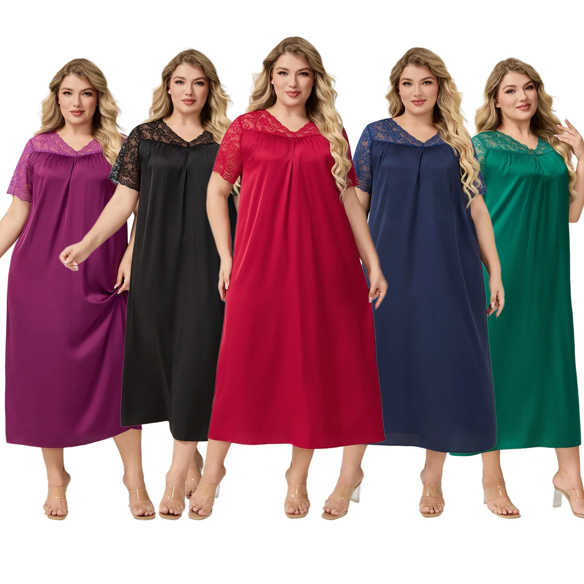 The Satin Flow | Solid Color V-Neck Short-Sleeve Maxi Sleep Dress - Image 5