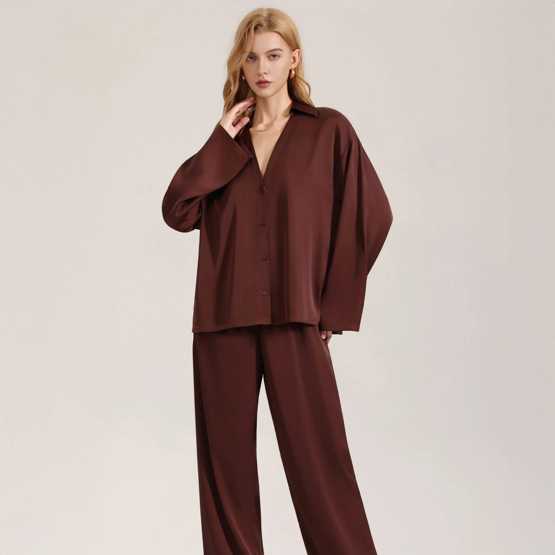 The Satin Grace | Solid Color V-Neck Long-Sleeve Top & Pants Sleep Set FD