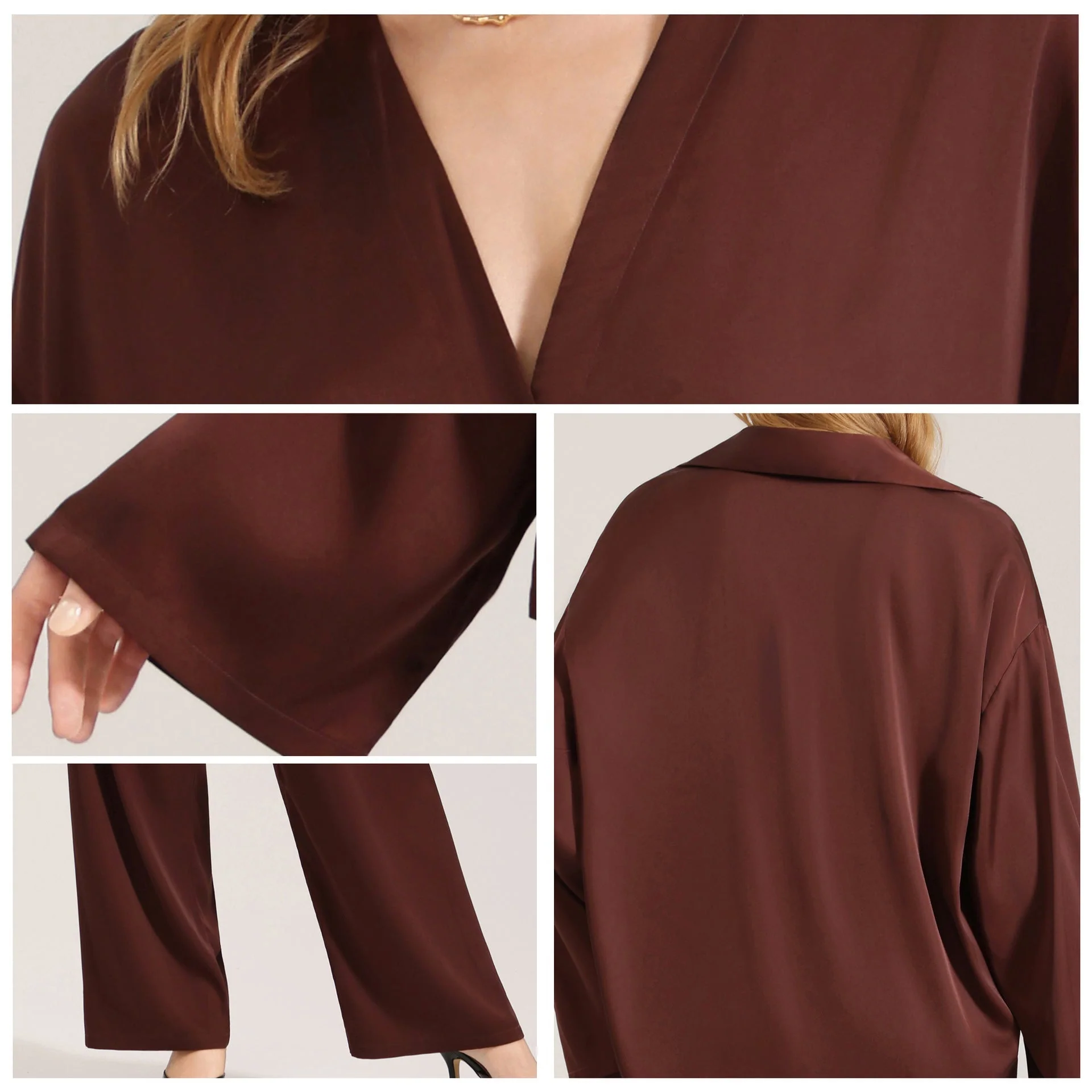 The Satin Grace | Solid Color V-Neck Long-Sleeve Top & Pants Sleep Set FD - Image 2