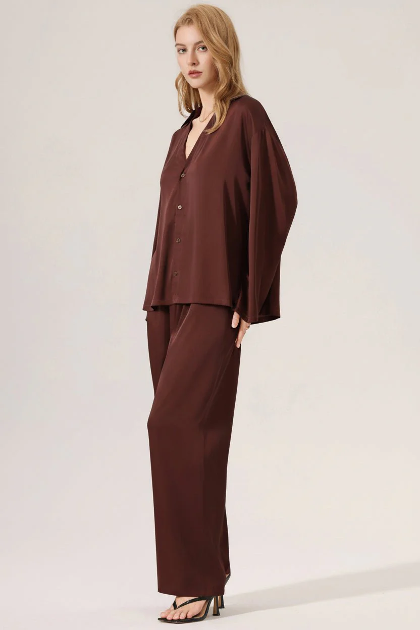 The Satin Grace | Solid Color V-Neck Long-Sleeve Top & Pants Sleep Set FD - Image 3