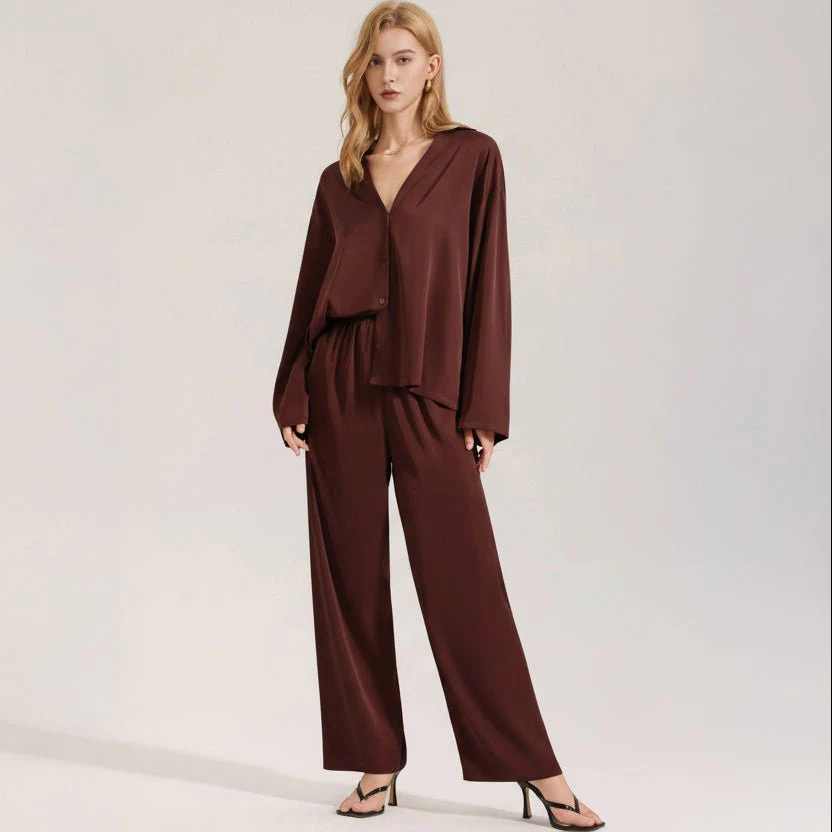 The Satin Grace | Solid Color V-Neck Long-Sleeve Top & Pants Sleep Set FD - Image 4