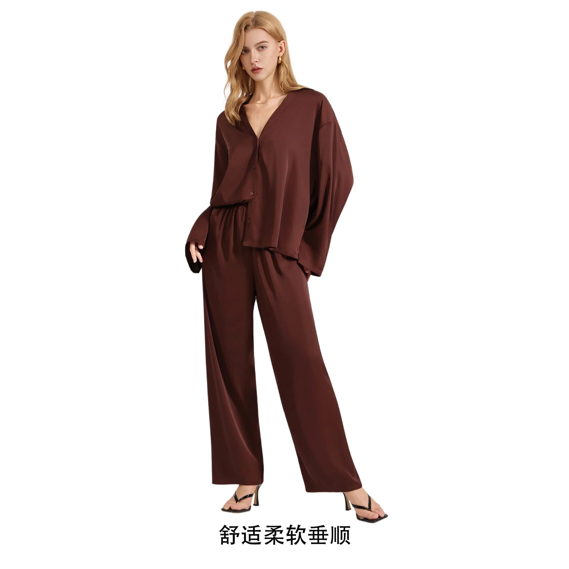 The Satin Grace | Solid Color V-Neck Long-Sleeve Top & Pants Sleep Set FD - Image 5