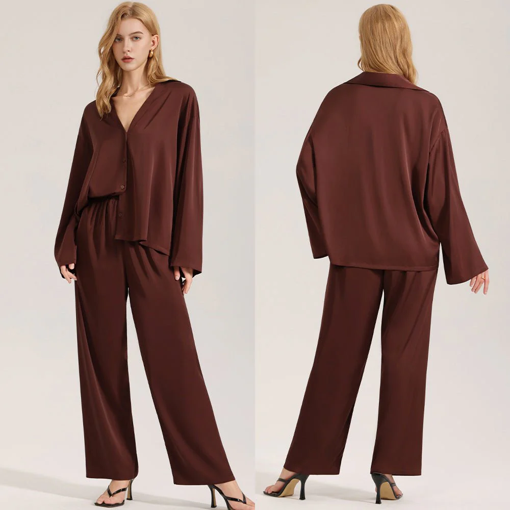 The Satin Grace | Solid Color V-Neck Long-Sleeve Top & Pants Sleep Set FD - Image 6