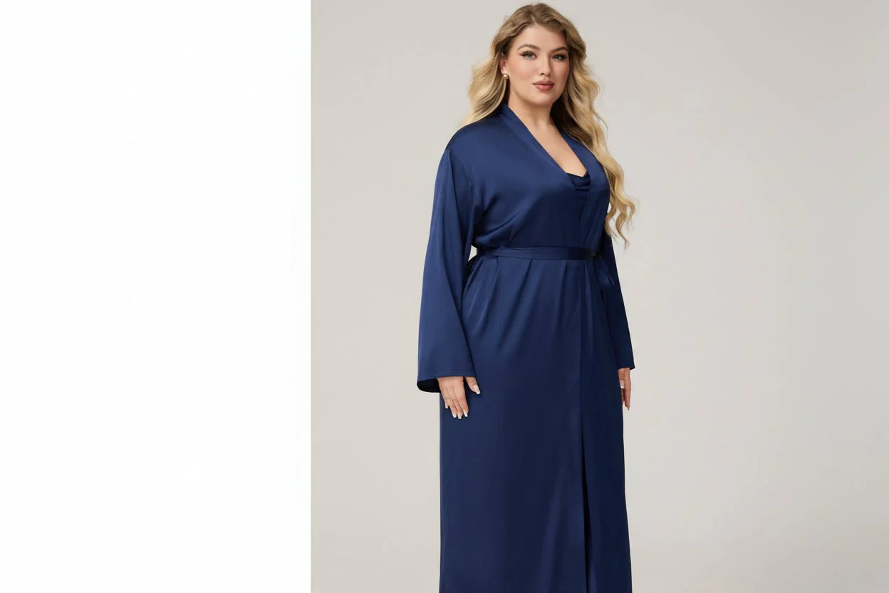 The Satin Seduction | Women's Plus-Size Long-Sleeve Satin Robe & Chemise Set - Image 2