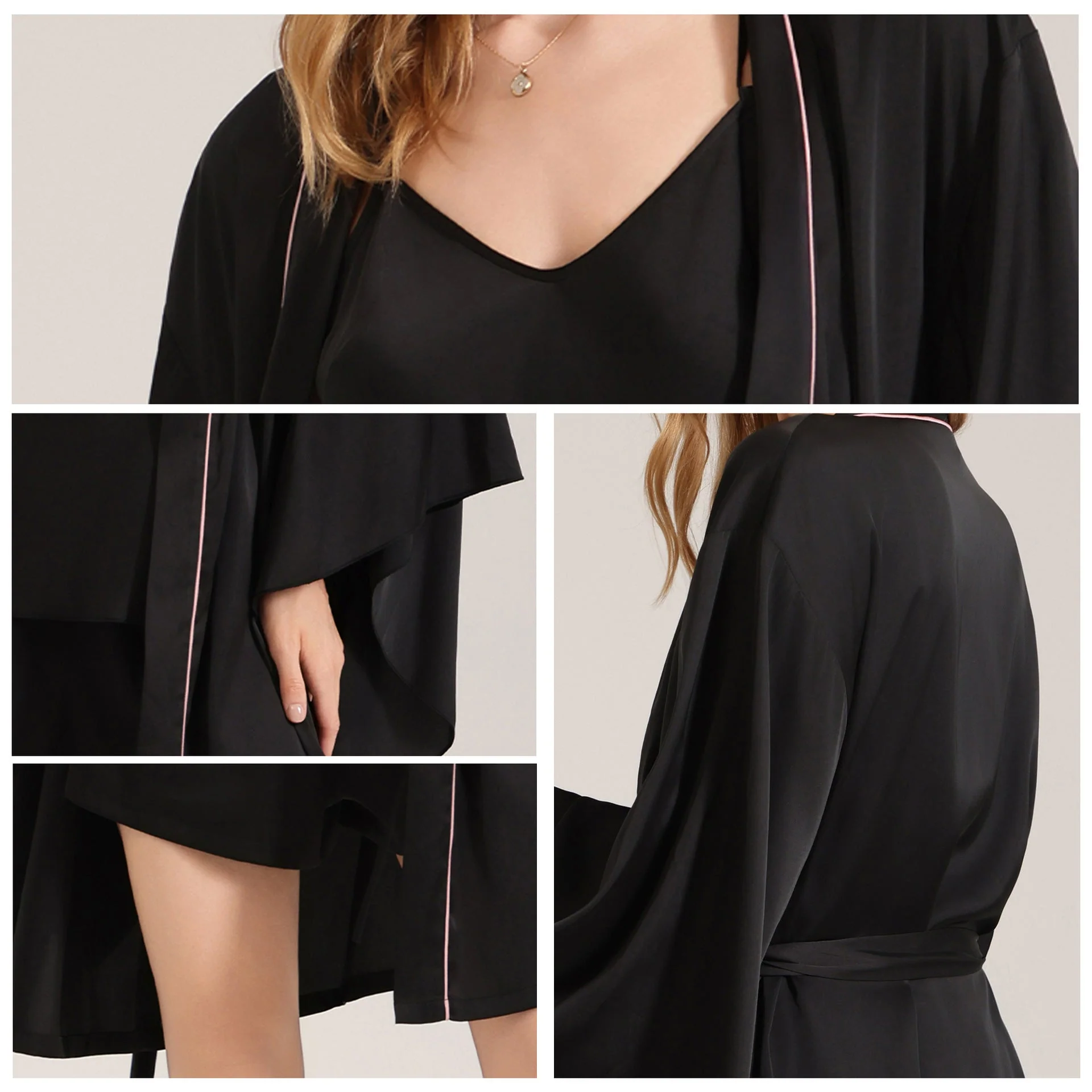 The Satin Serenity | Black Satin Three-Piece Sleep Set (Robe, Cami & Shorts) - Image 3