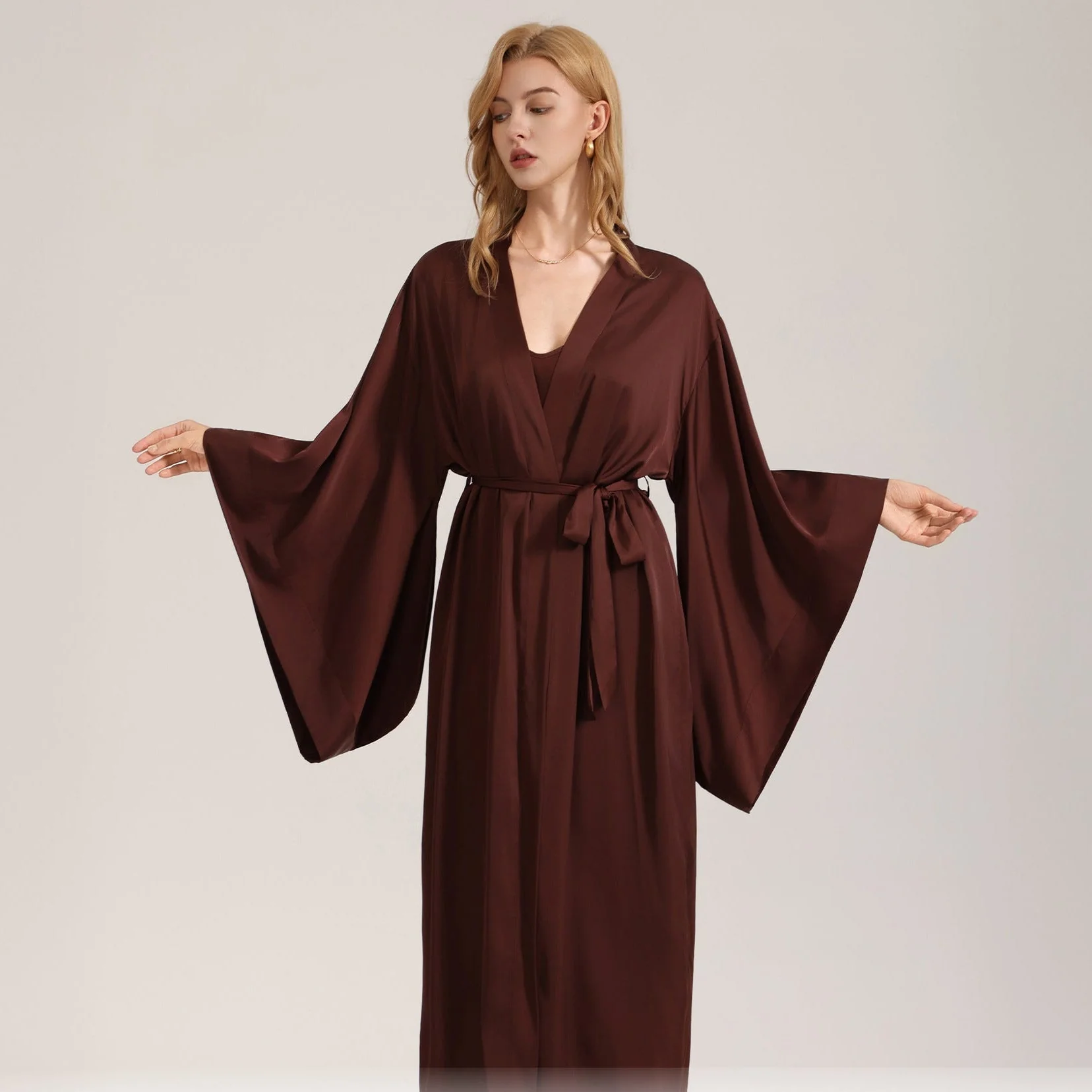 The Satin Serenity | Solid Coffee V-Neck Long-Sleeve Maxi Robe