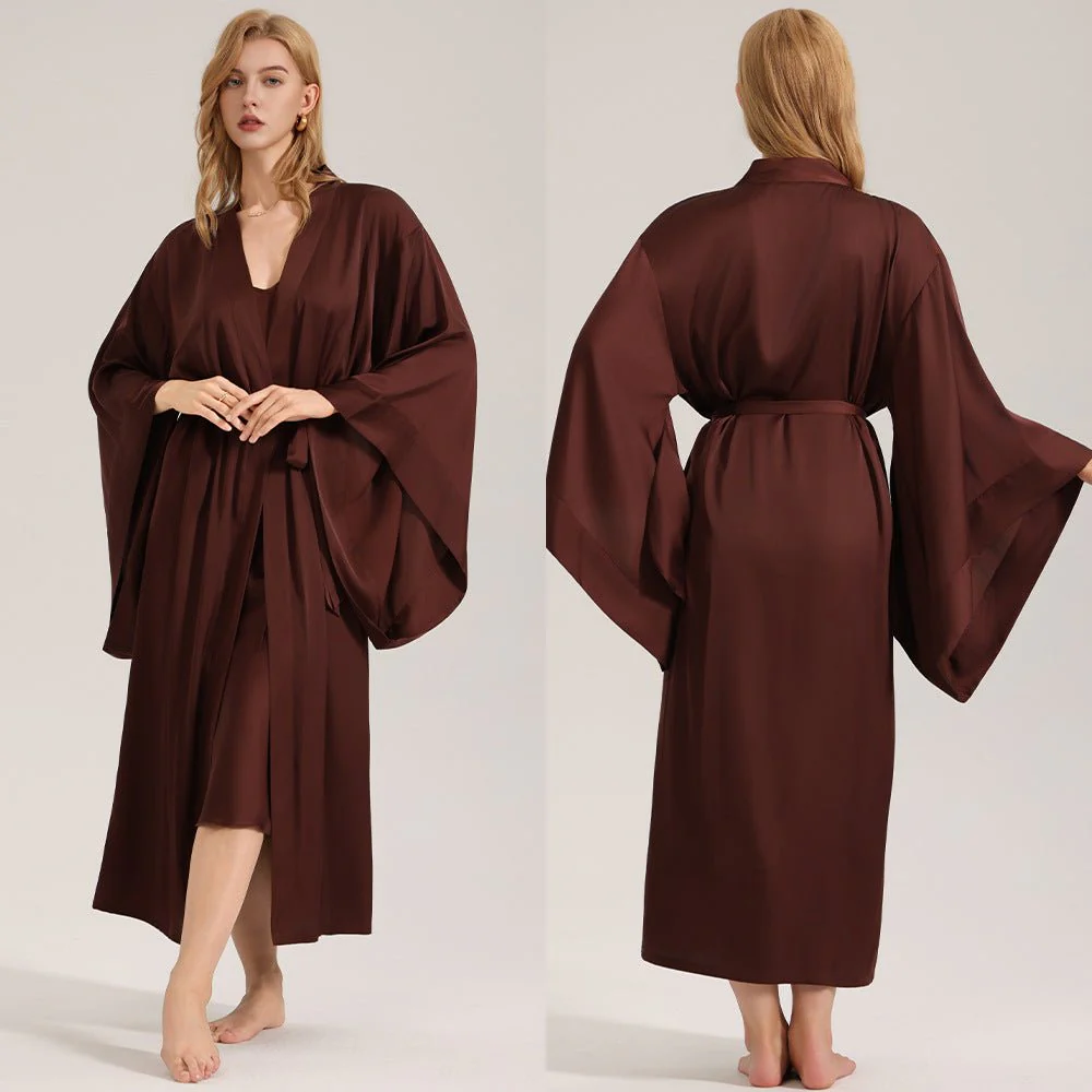 The Satin Serenity | Solid Coffee V-Neck Long-Sleeve Maxi Robe - Image 6