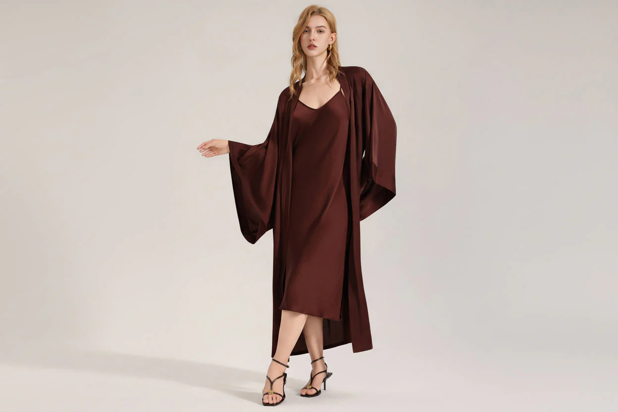 The Satin Serenity | Solid Color Satin Slip Dress & Long Robe Two-Piece Set - Image 2