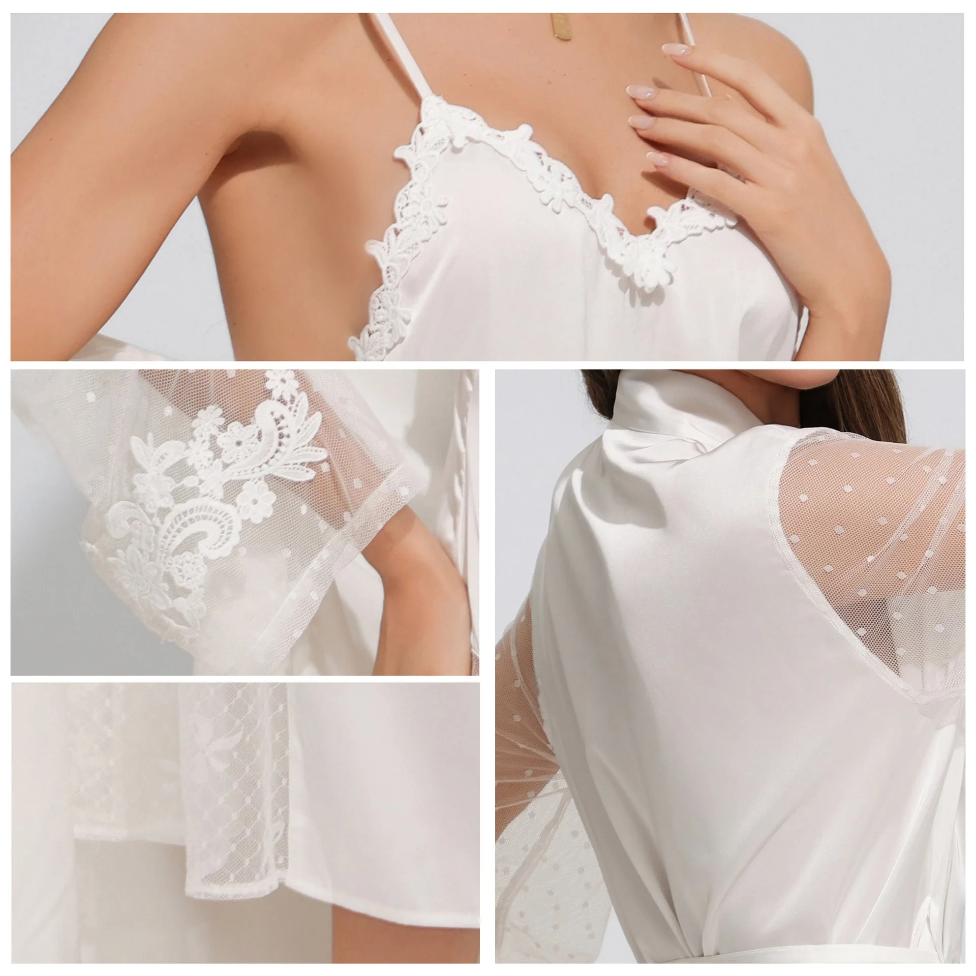 The Satin Serenity | White Satin Strap Slip Dress & Long Robe Two-Piece Set - Image 3