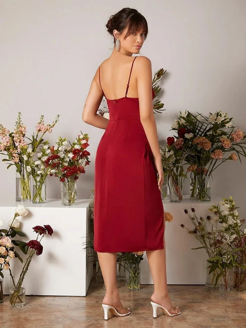 The Satin Starlet | Women's V-Neck Slit Satin Suspender Midi Dress - Image 23