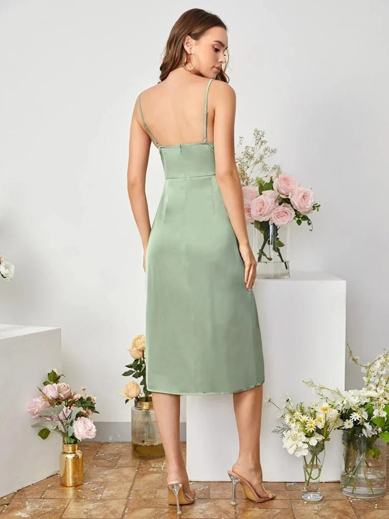 The Satin Starlet | Women's V-Neck Slit Satin Suspender Midi Dress - Image 32