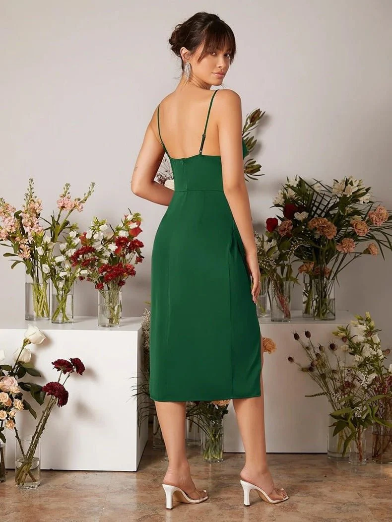 The Satin Starlet | Women's V-Neck Slit Satin Suspender Midi Dress - Image 39