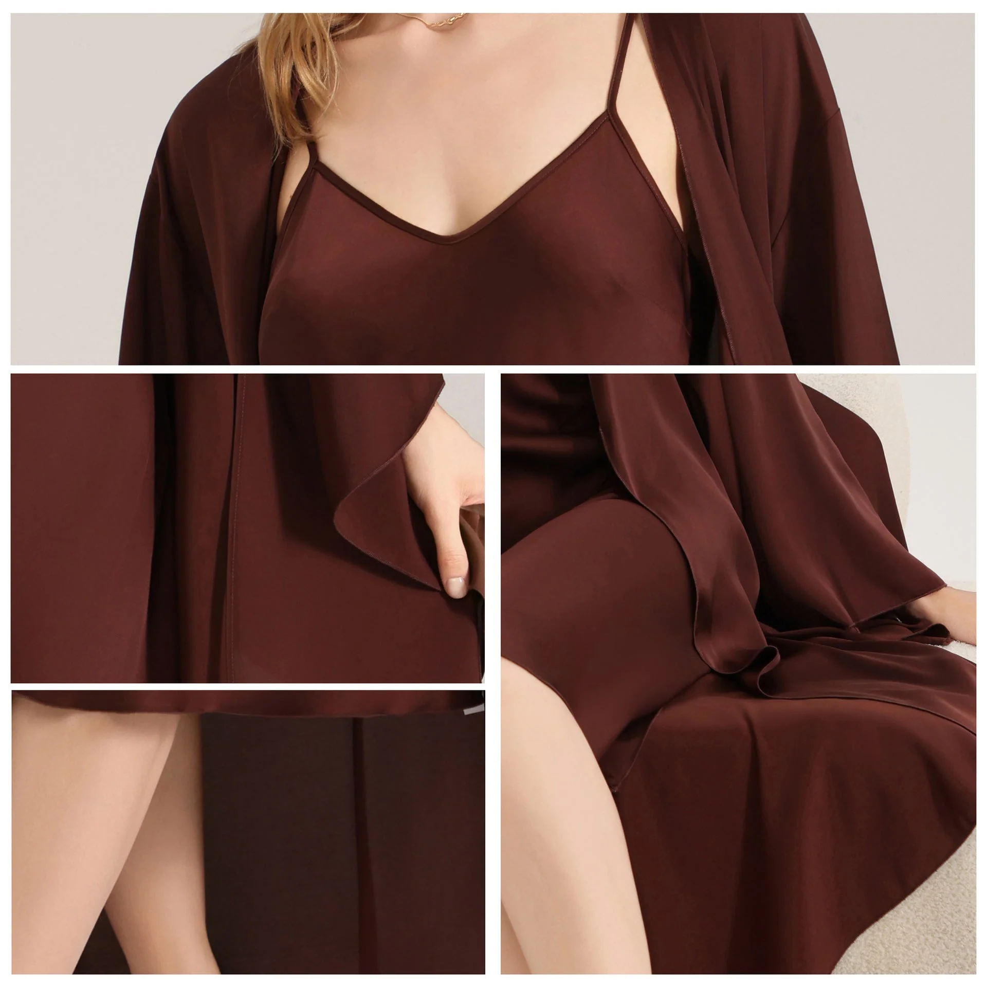 The Satin Whisper | Solid Color Satin Robe & Slip Dress Two-Piece Set - Image 3