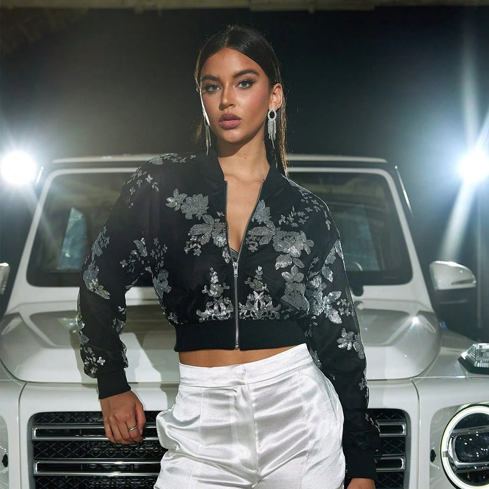 The Sequin Bloom | Women's Floral Embroidered Sequined Slim Crop Jacket FD - Image 2